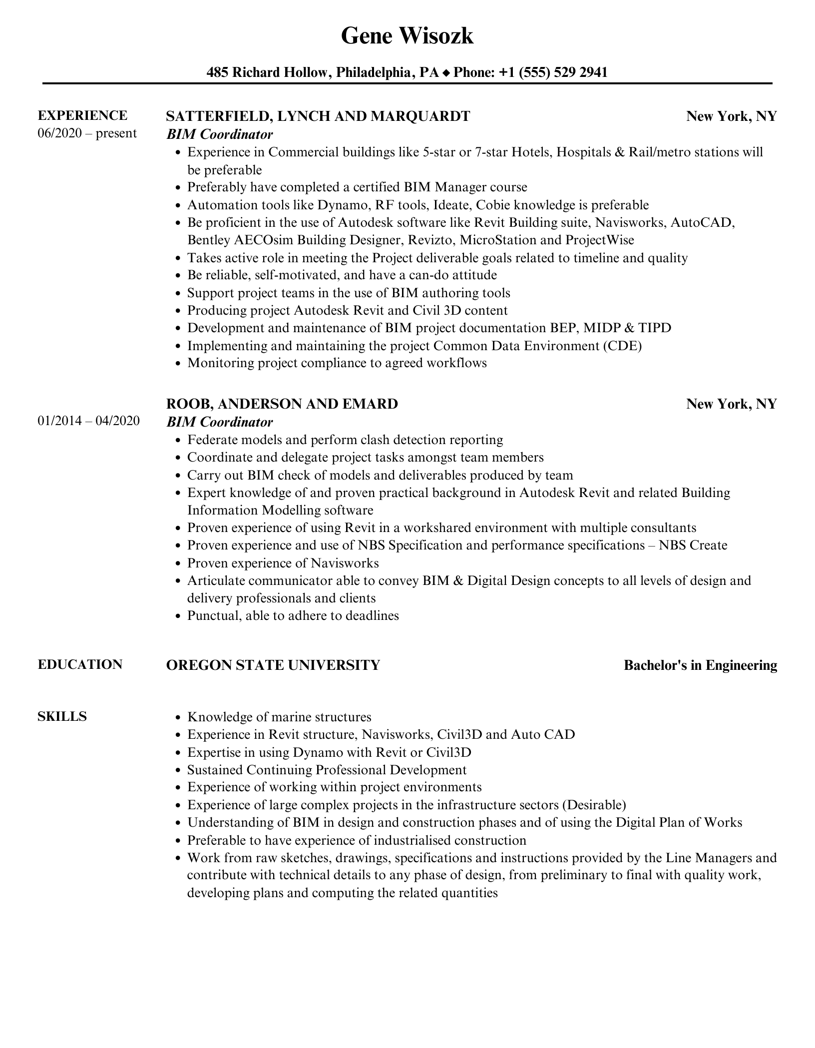 Bim Modeler Resume Sample