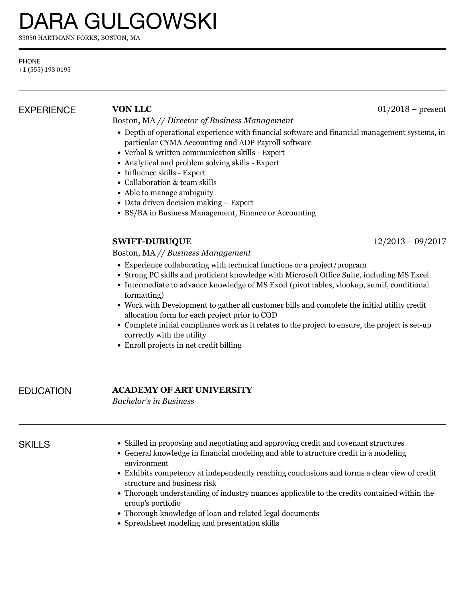 Business Resume Sample