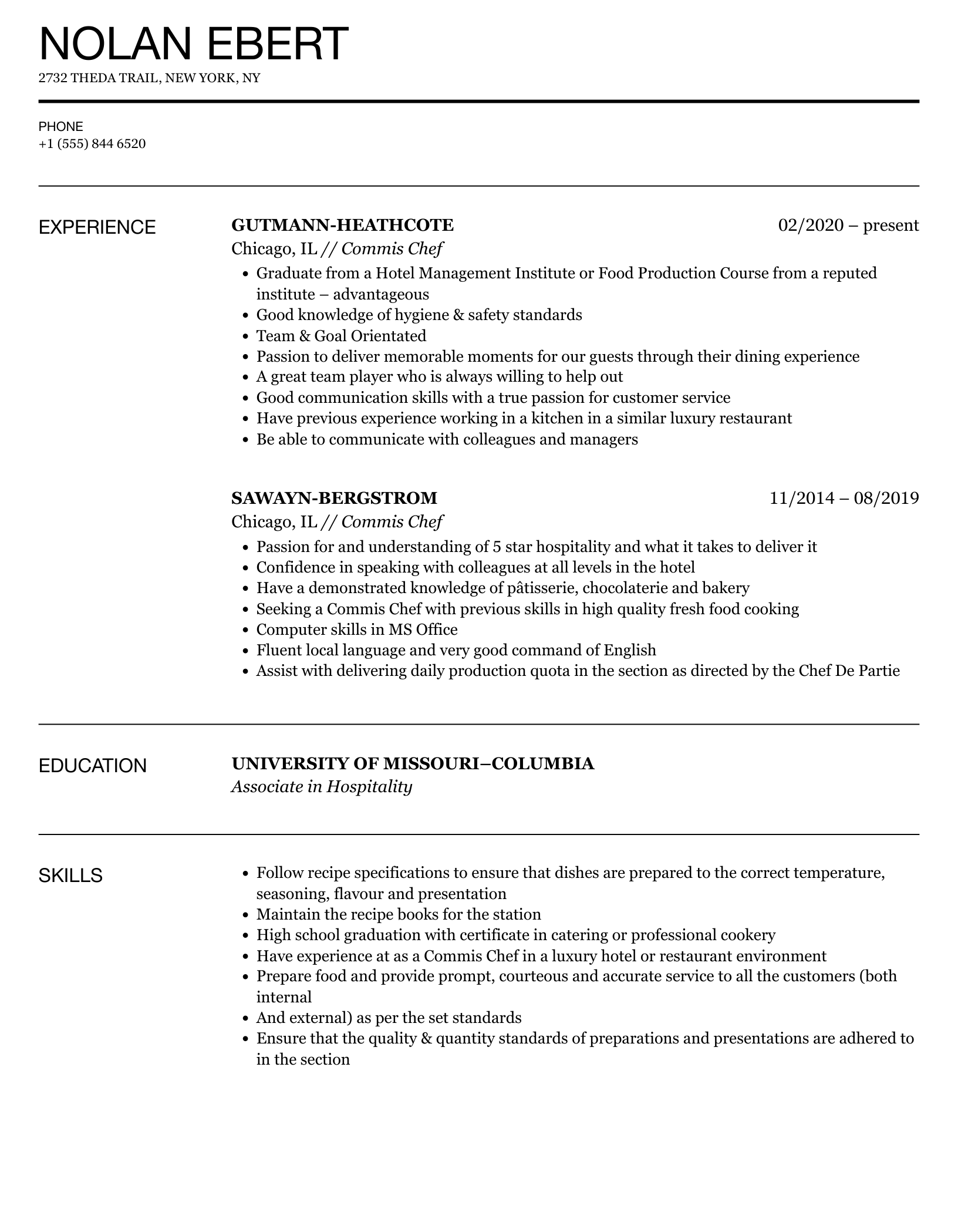 Commis Chef Resume Samples Velvet Jobs