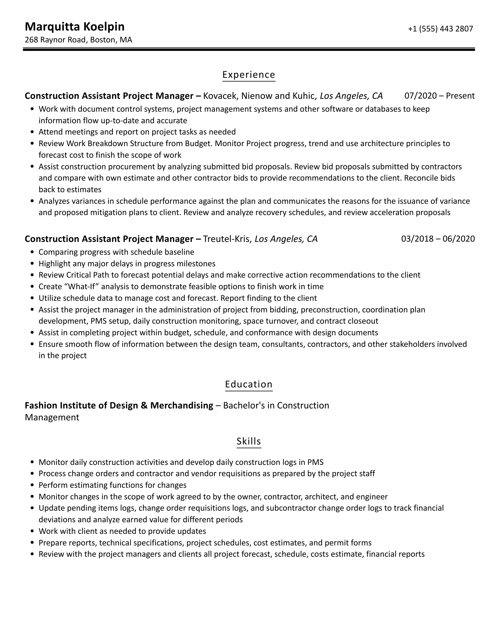 Construction Assistant Project Manager Resume Samples Velvet Jobs