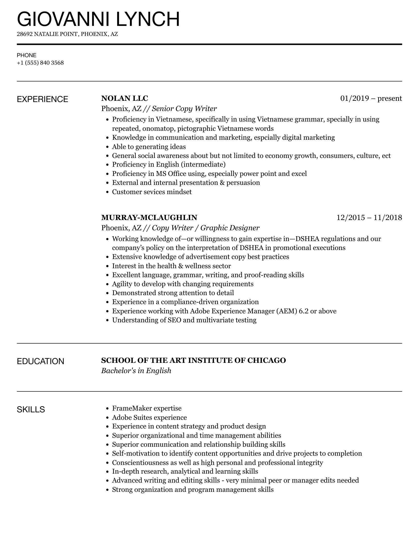 Copy Writer Resume Samples | Velvet Jobs