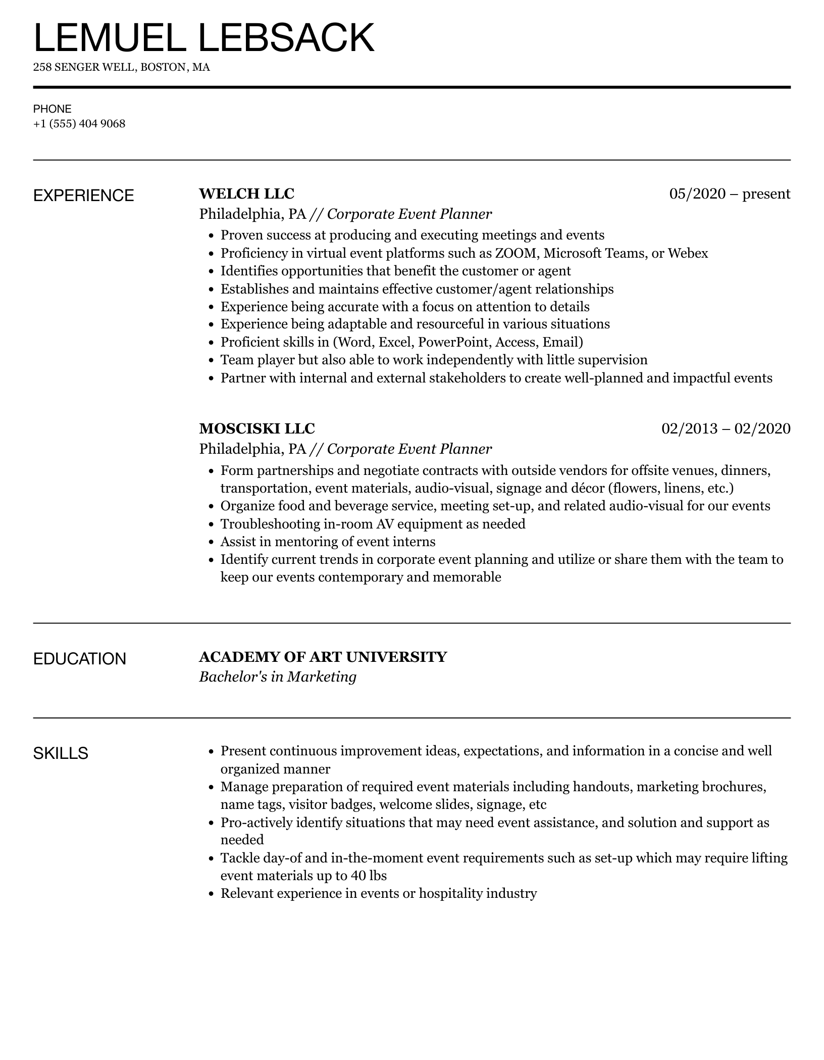 Corporate Event Planner Resume Samples Velvet Jobs