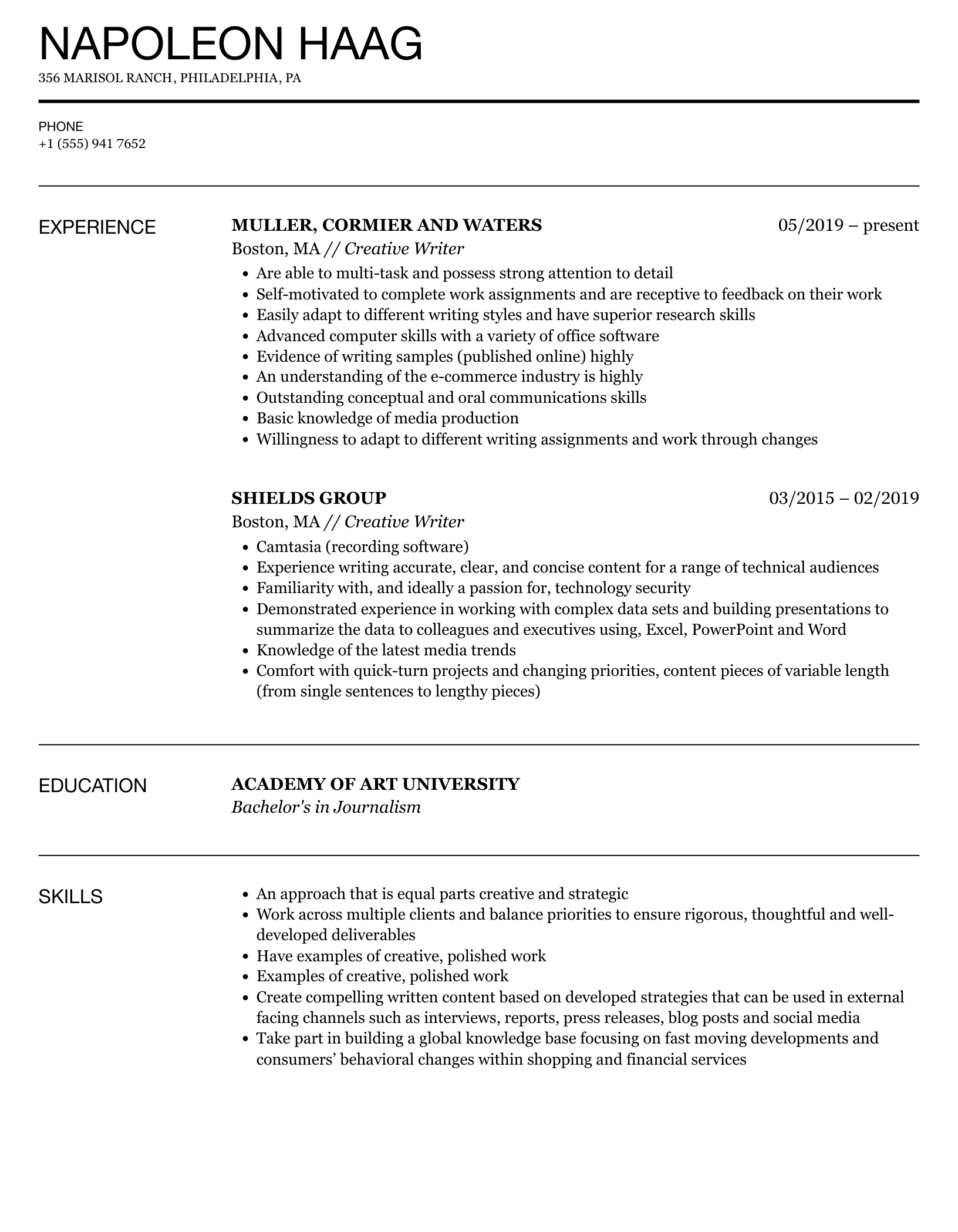 mfa writing resume