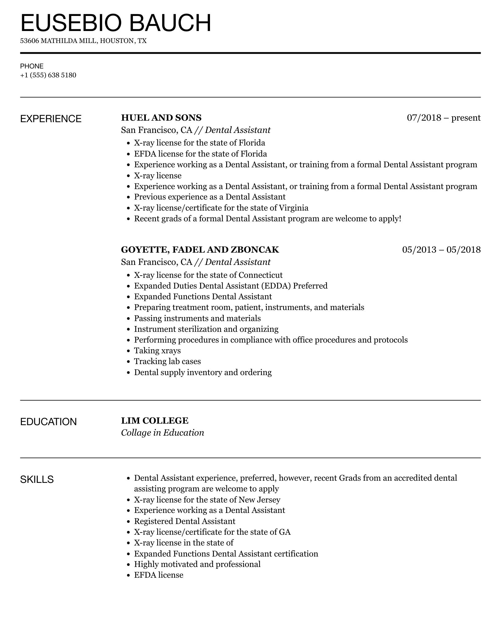 Dental Assistant Resume Samples Ratracs   Dental Assistant V1 