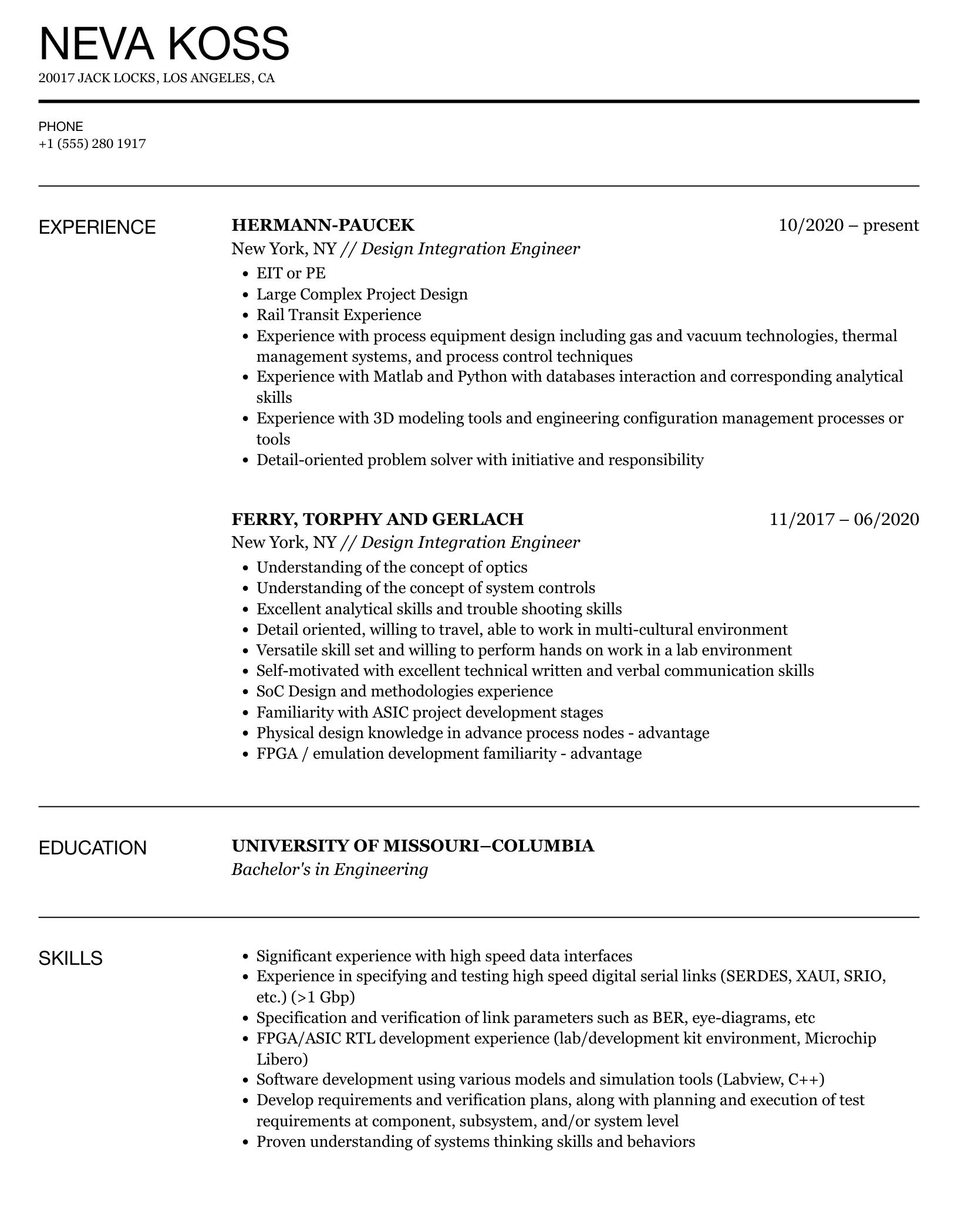 Design Integration Engineer Resume Sample