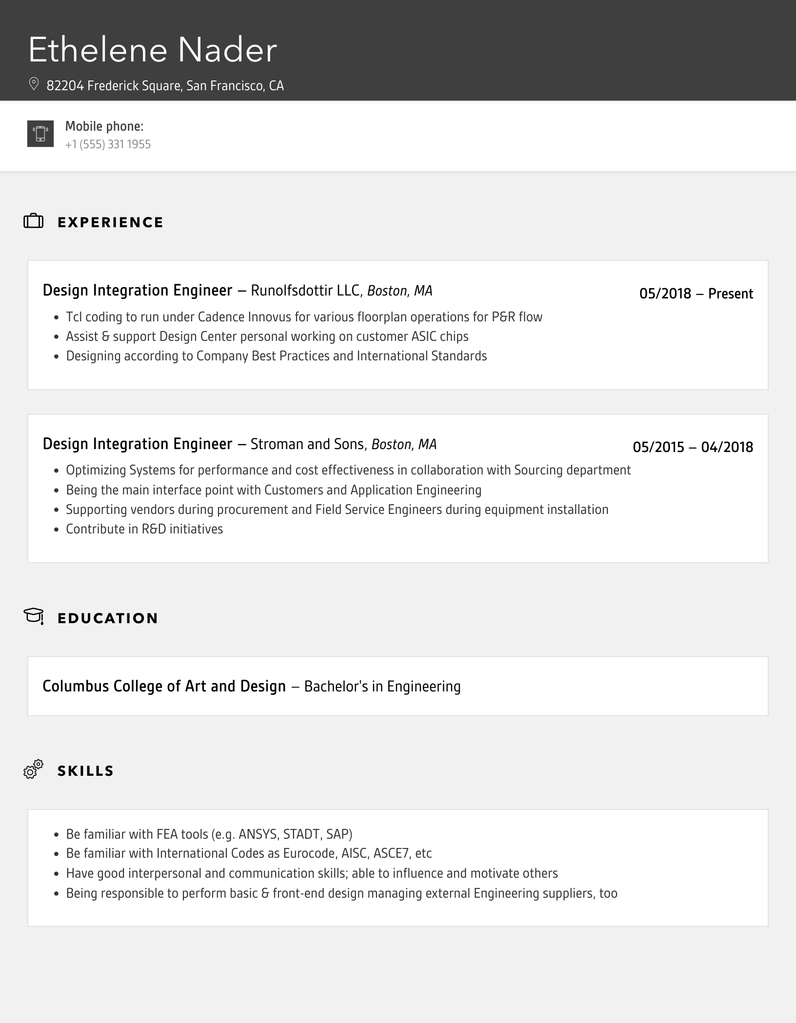 Design Integration Engineer Resume Sample