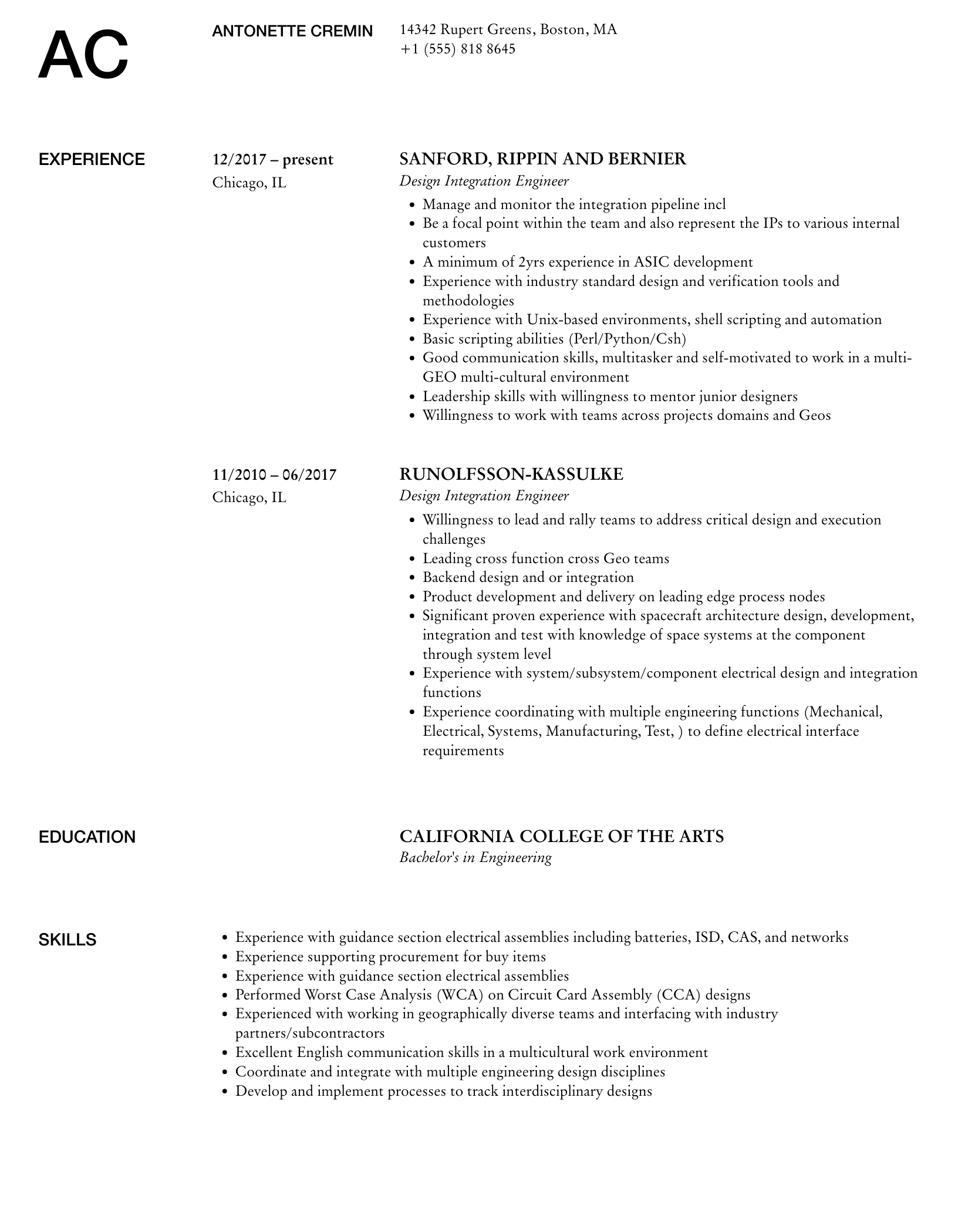 Design Integration Engineer Resume Sample