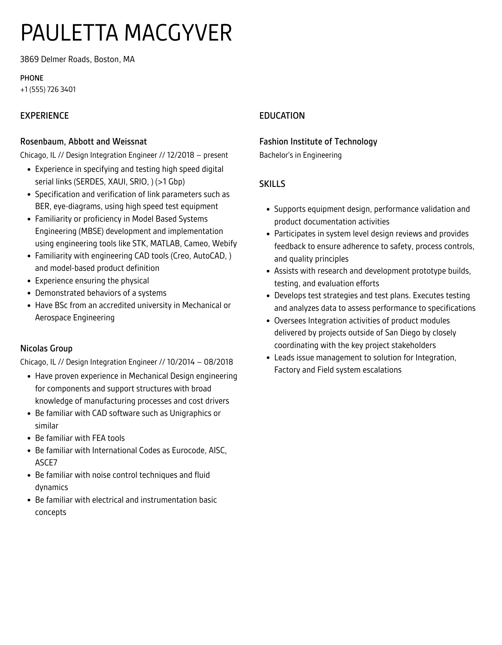 Design Integration Engineer Resume Sample