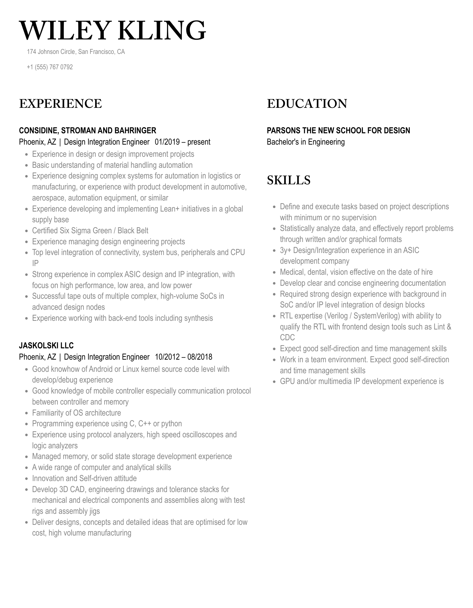 Design Integration Engineer Resume Sample