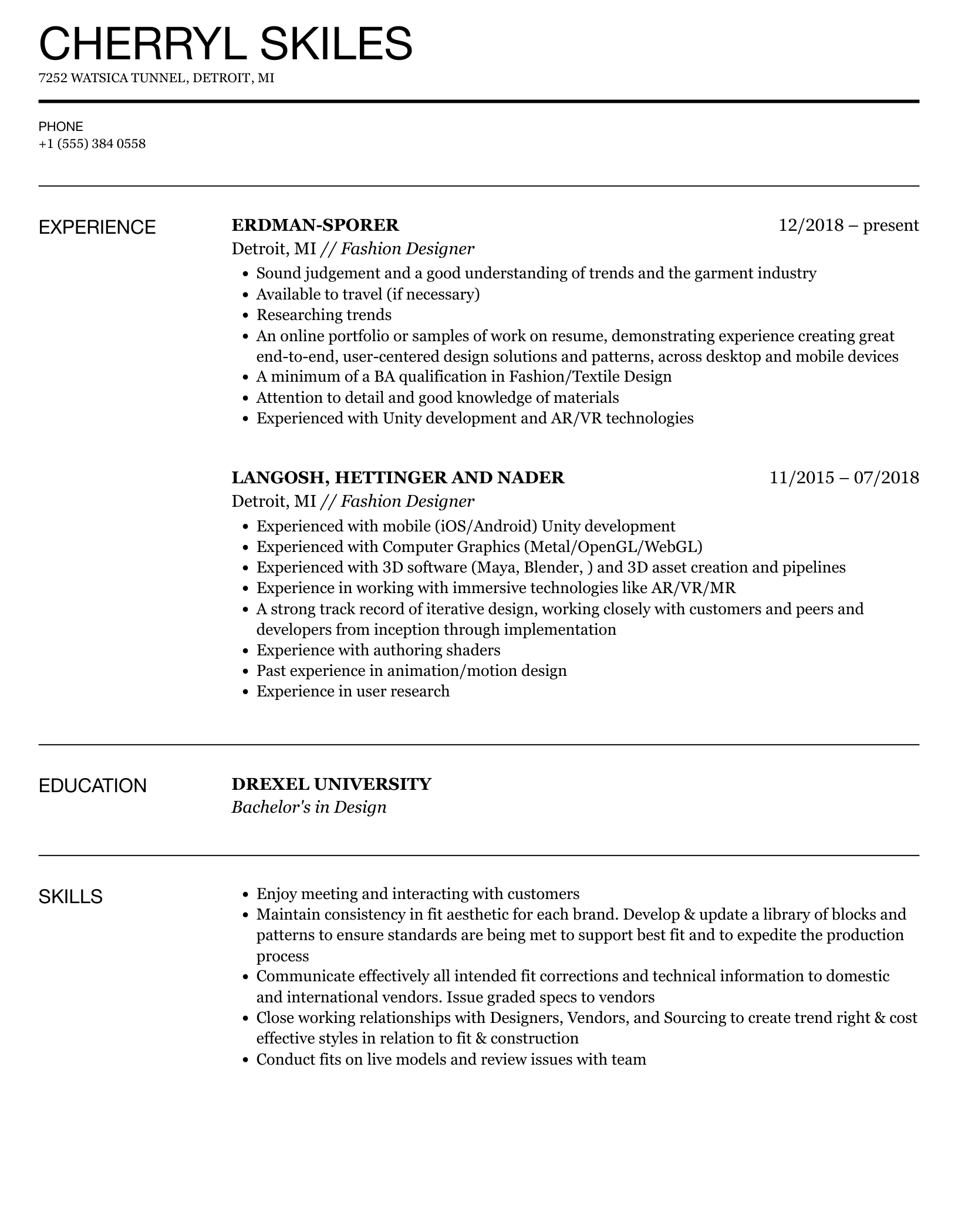 Fashion Designer Resume Samples Velvet Jobs 7176