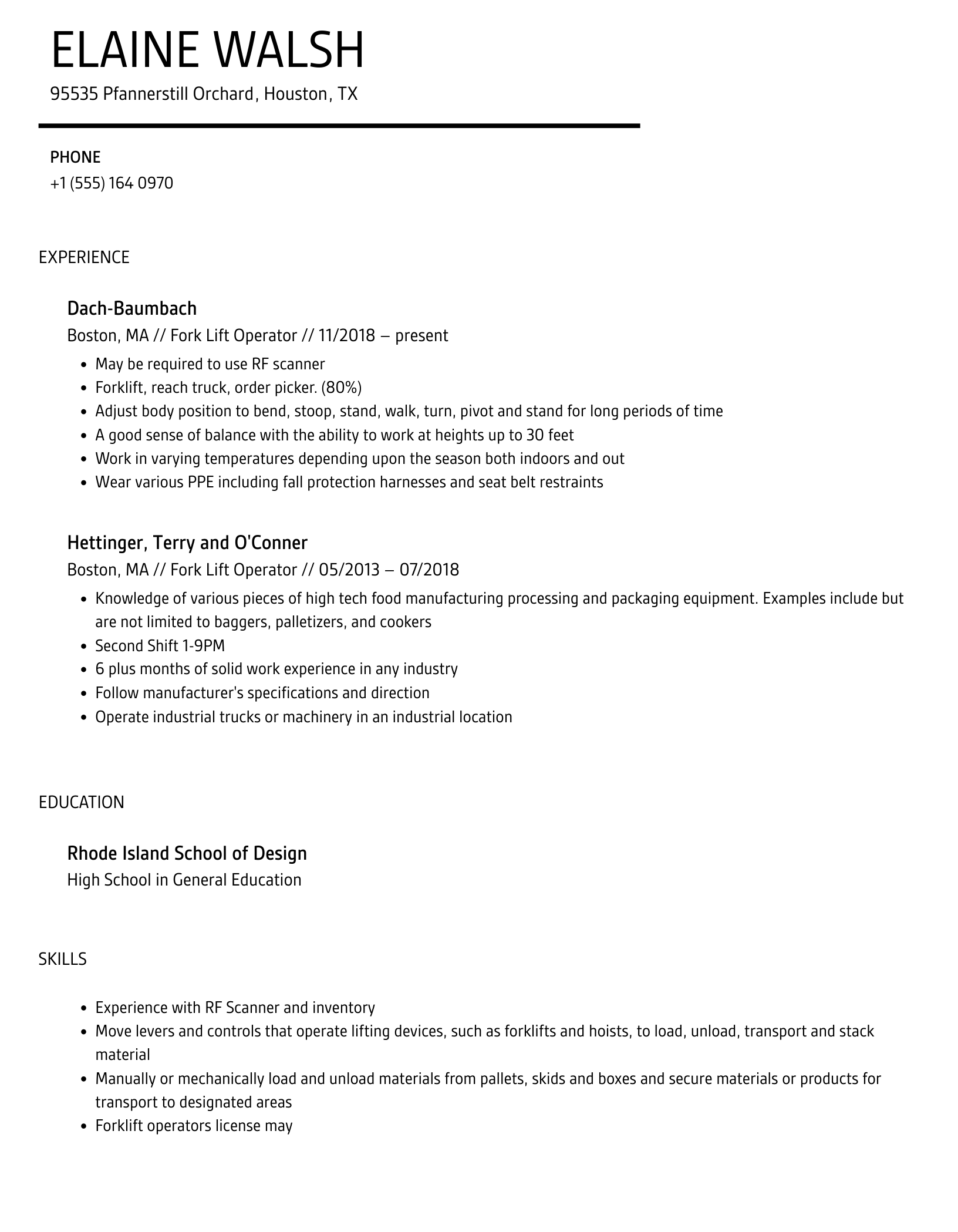 Fork Lift Operator Resume Samples | Velvet Jobs