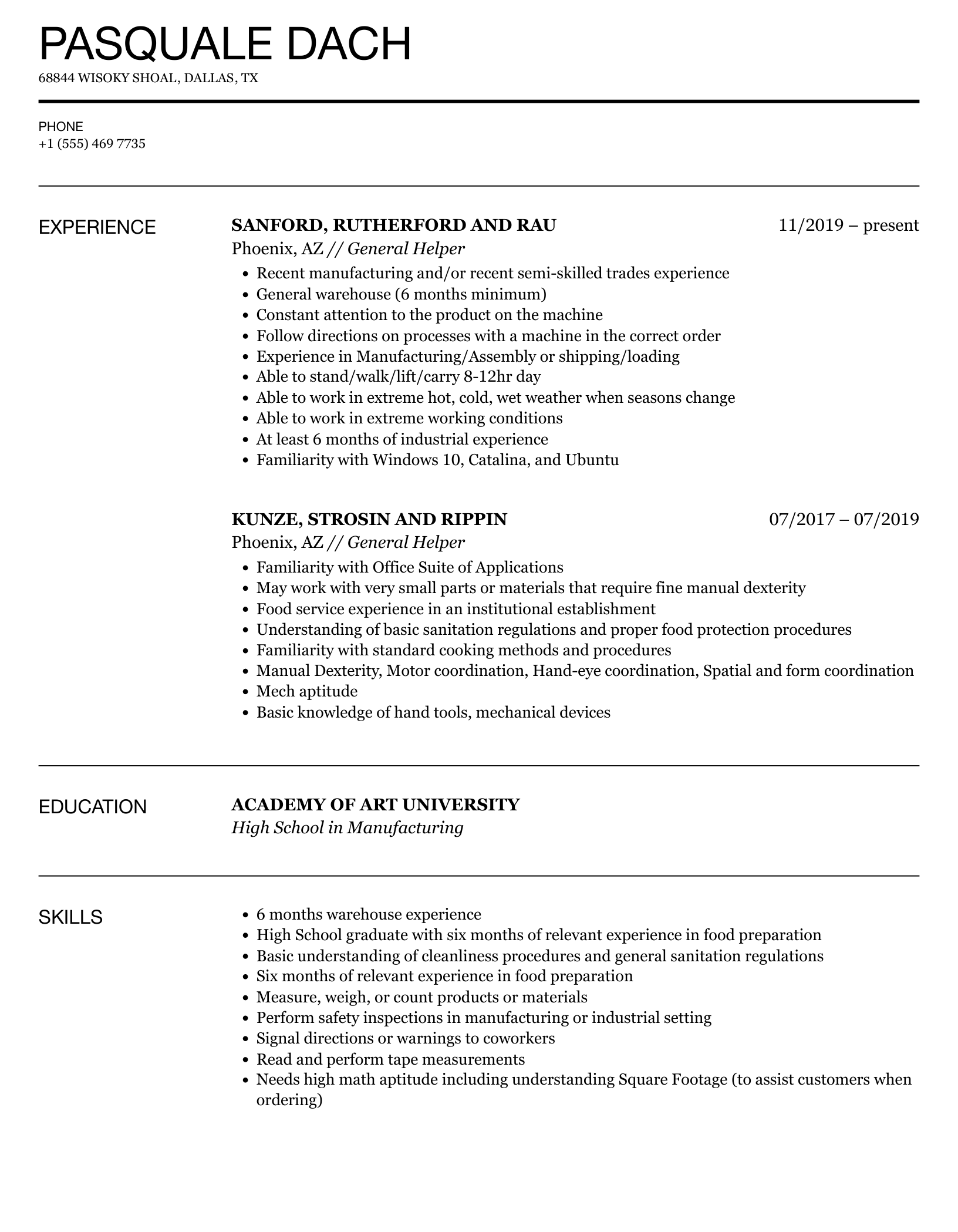 General Helper Resume Sample