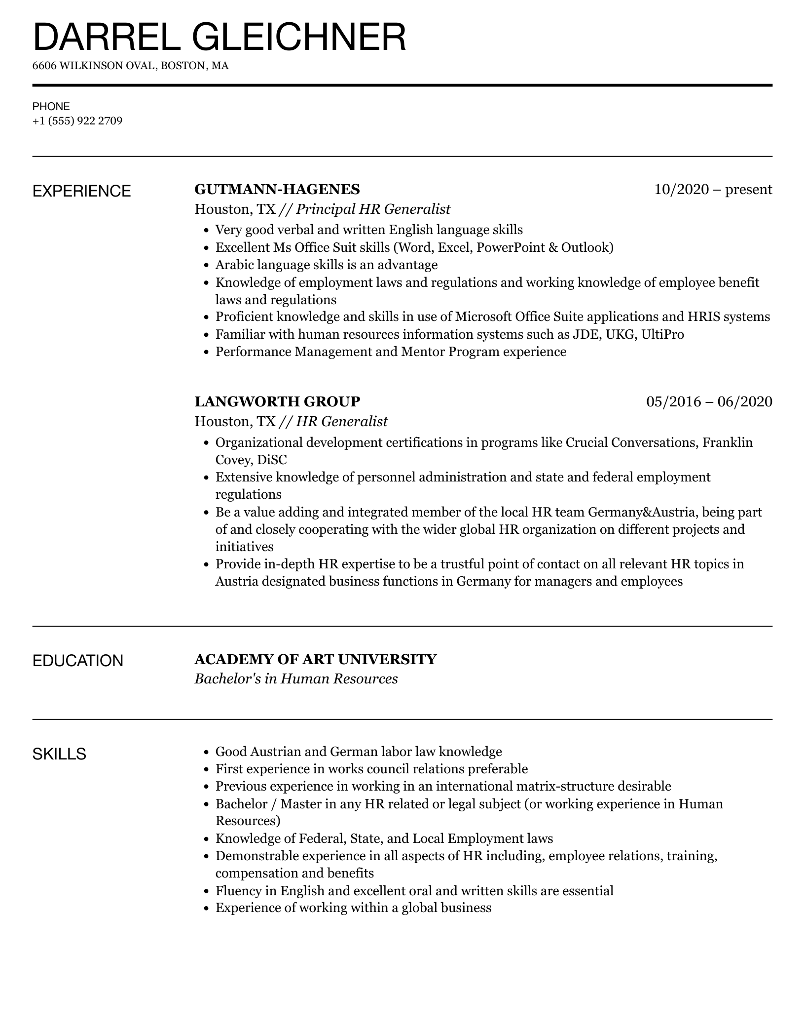 resume sample for hr generalist