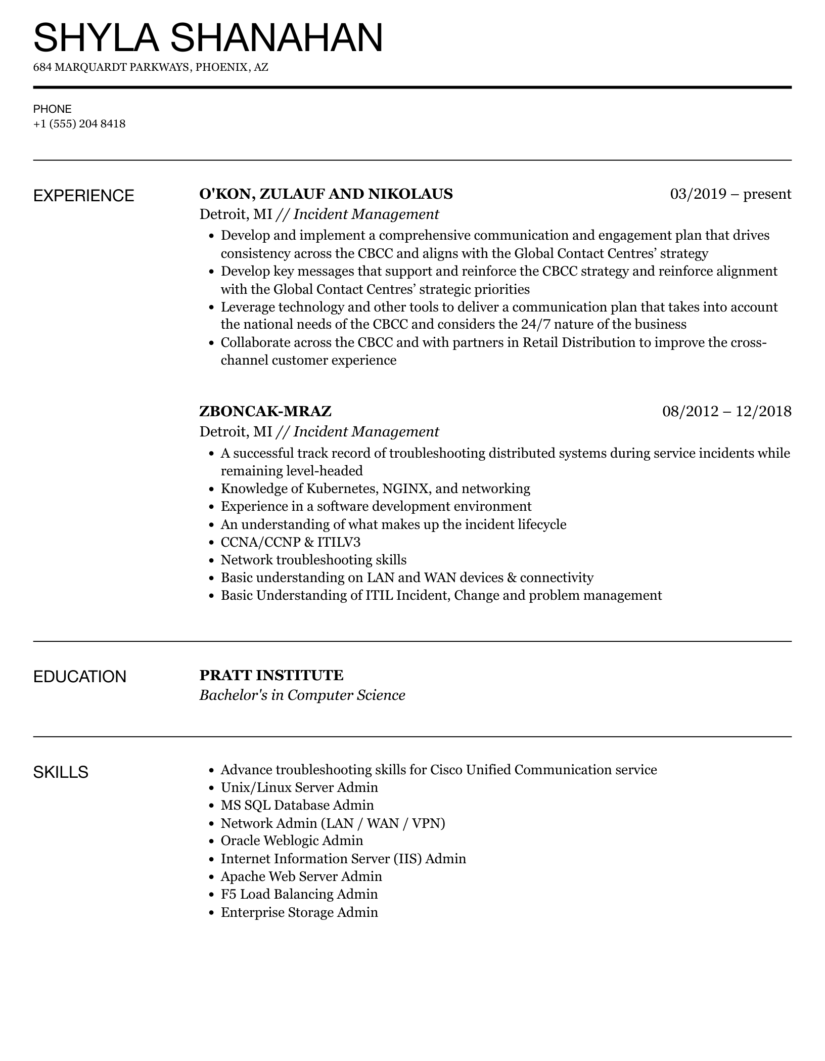 Incident Management Resume Sample