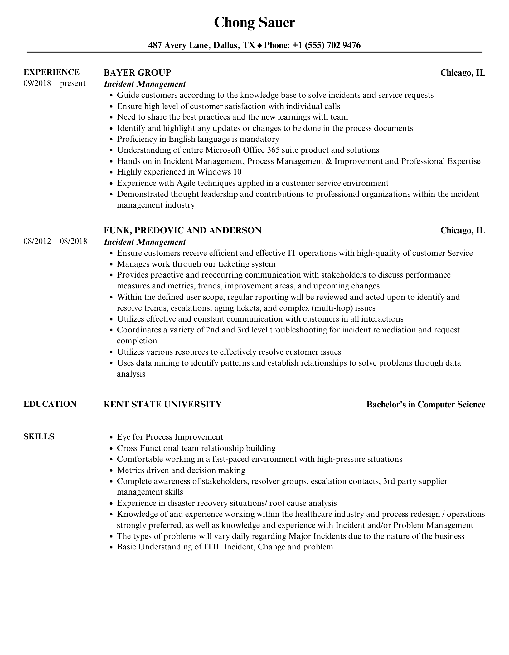 Incident Management Resume Sample