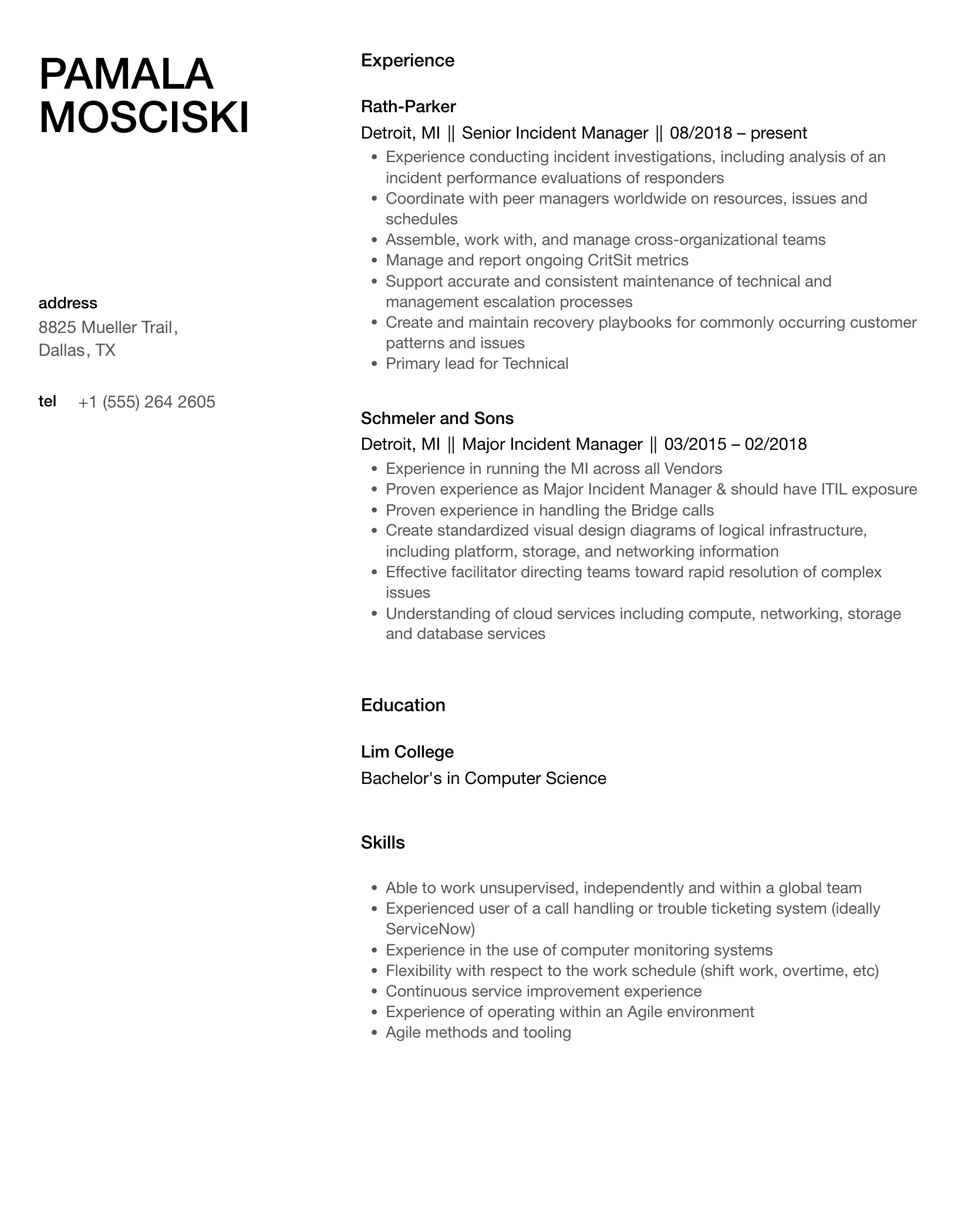 Incident Manager Resume Samples Velvet Jobs