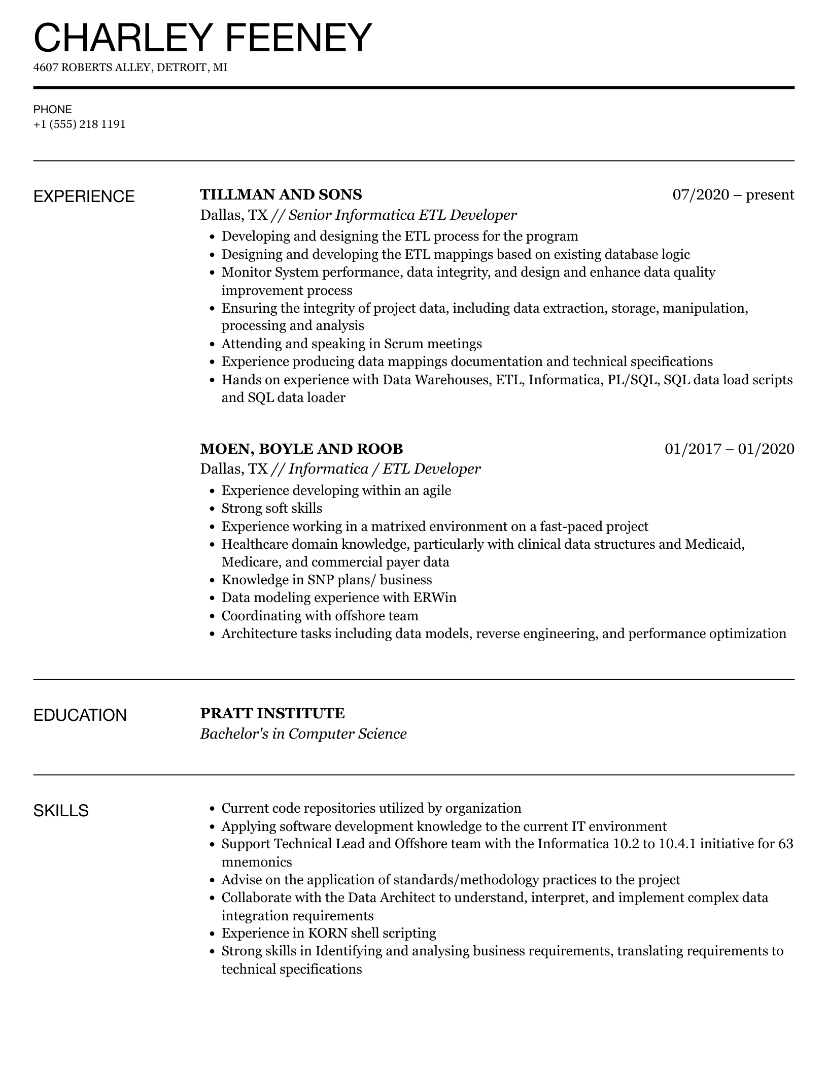 Informatica ETL Developer Resume Sample