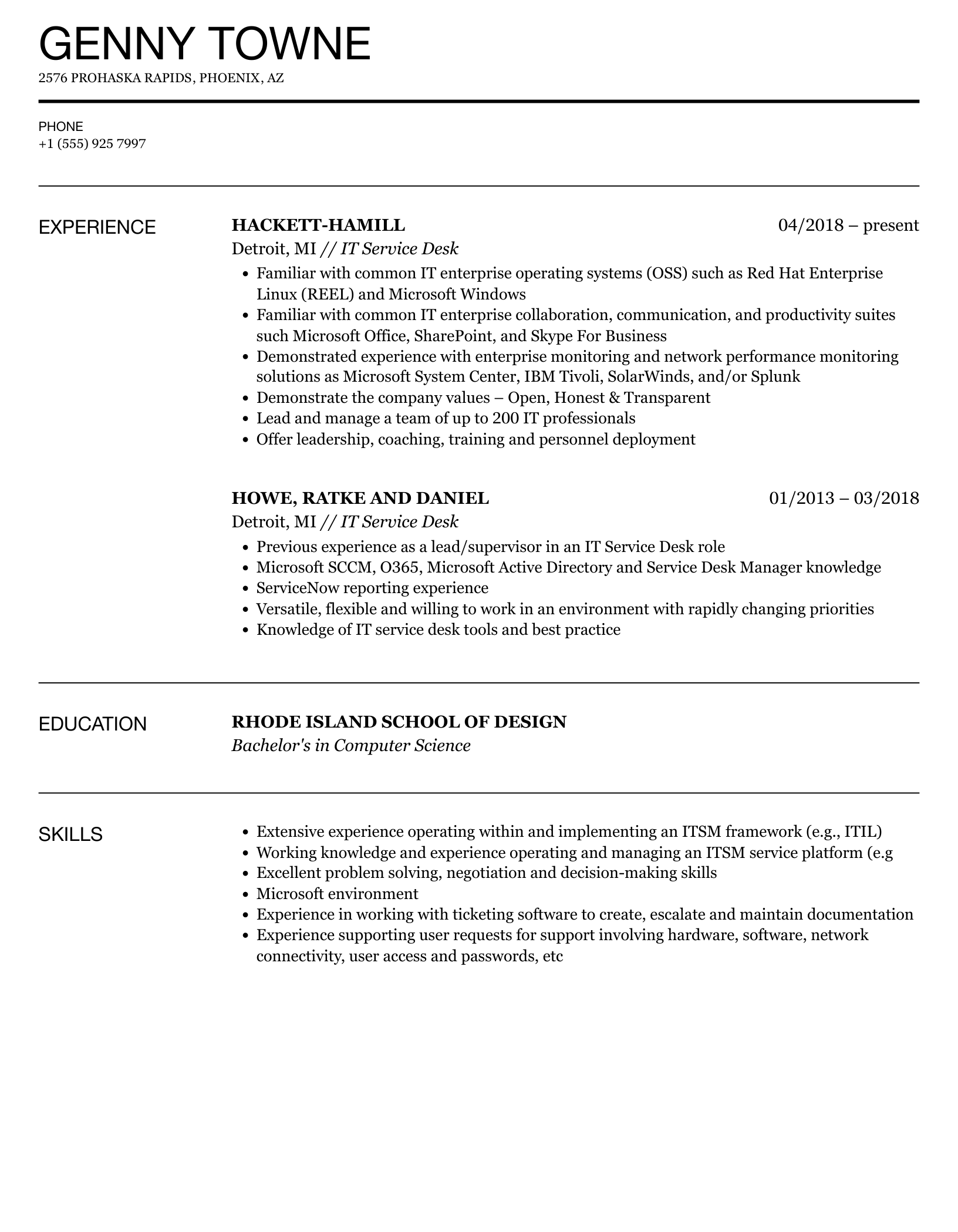 sample resume for it service desk