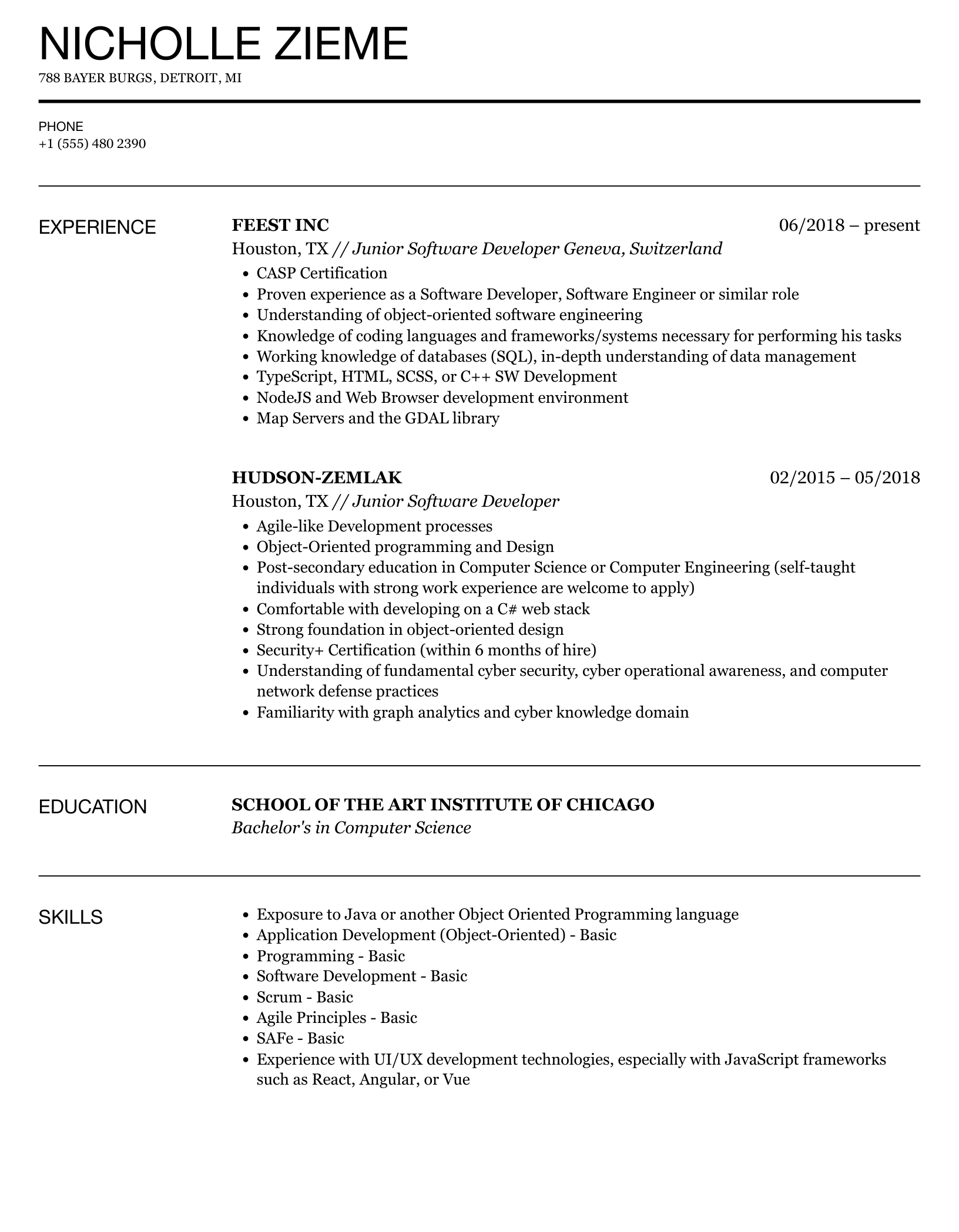 resume for junior software engineer