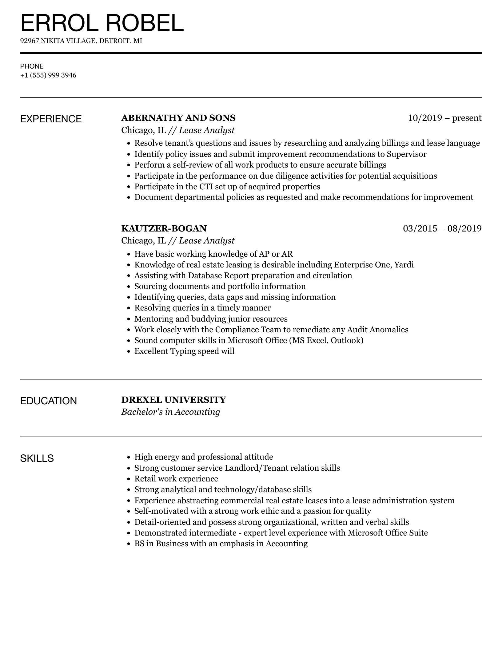 Lease Analyst Resume Samples | Velvet Jobs