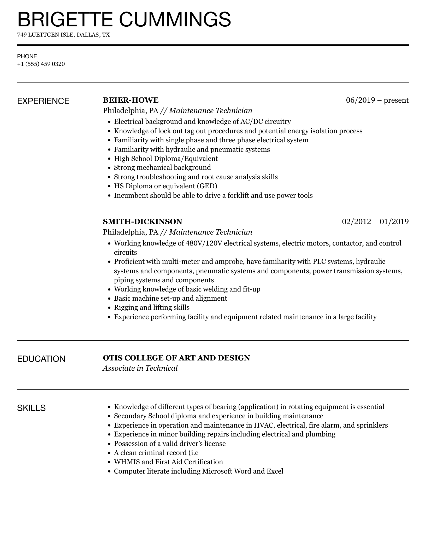 Maintenance Technician Resume Sample