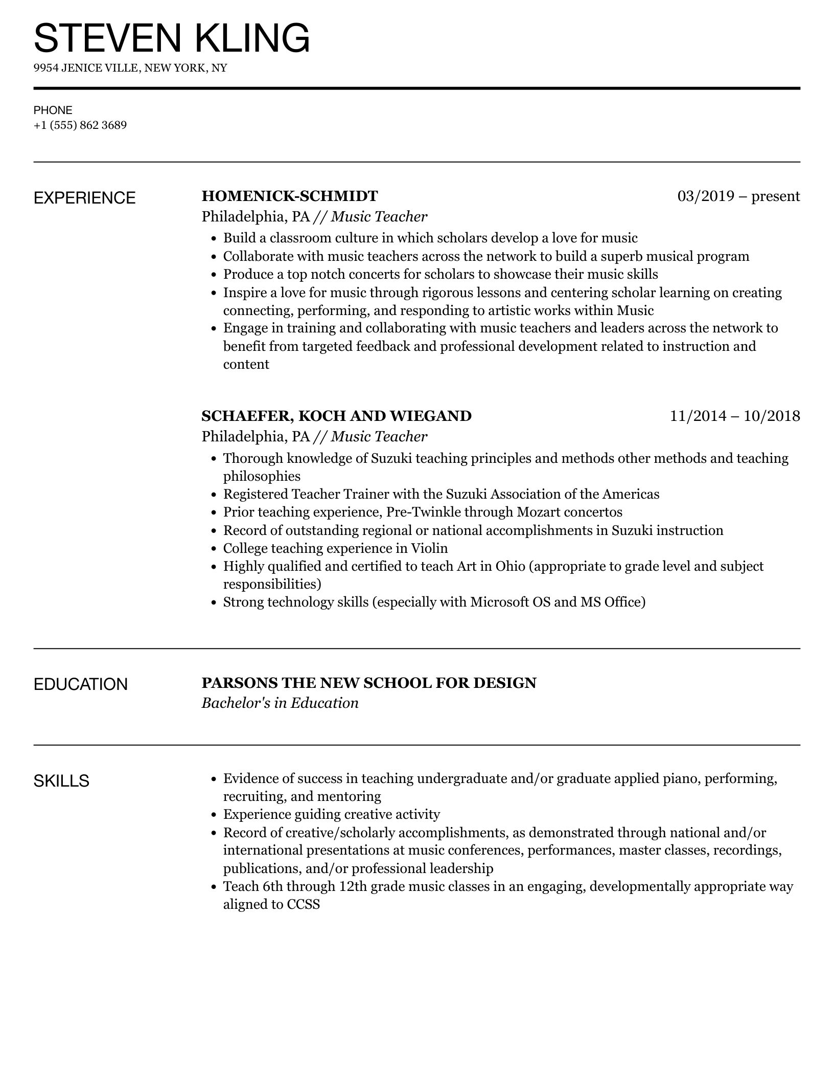 resume sample music teacher