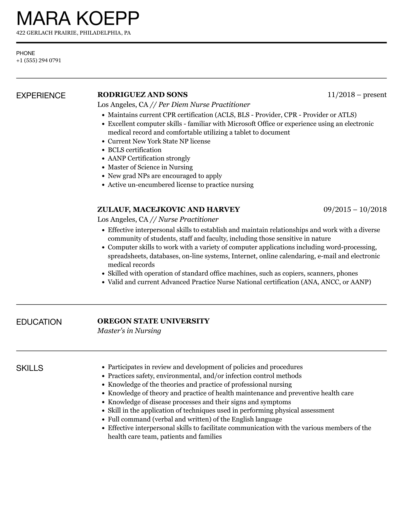 Nurse Practitioner Resume Sample