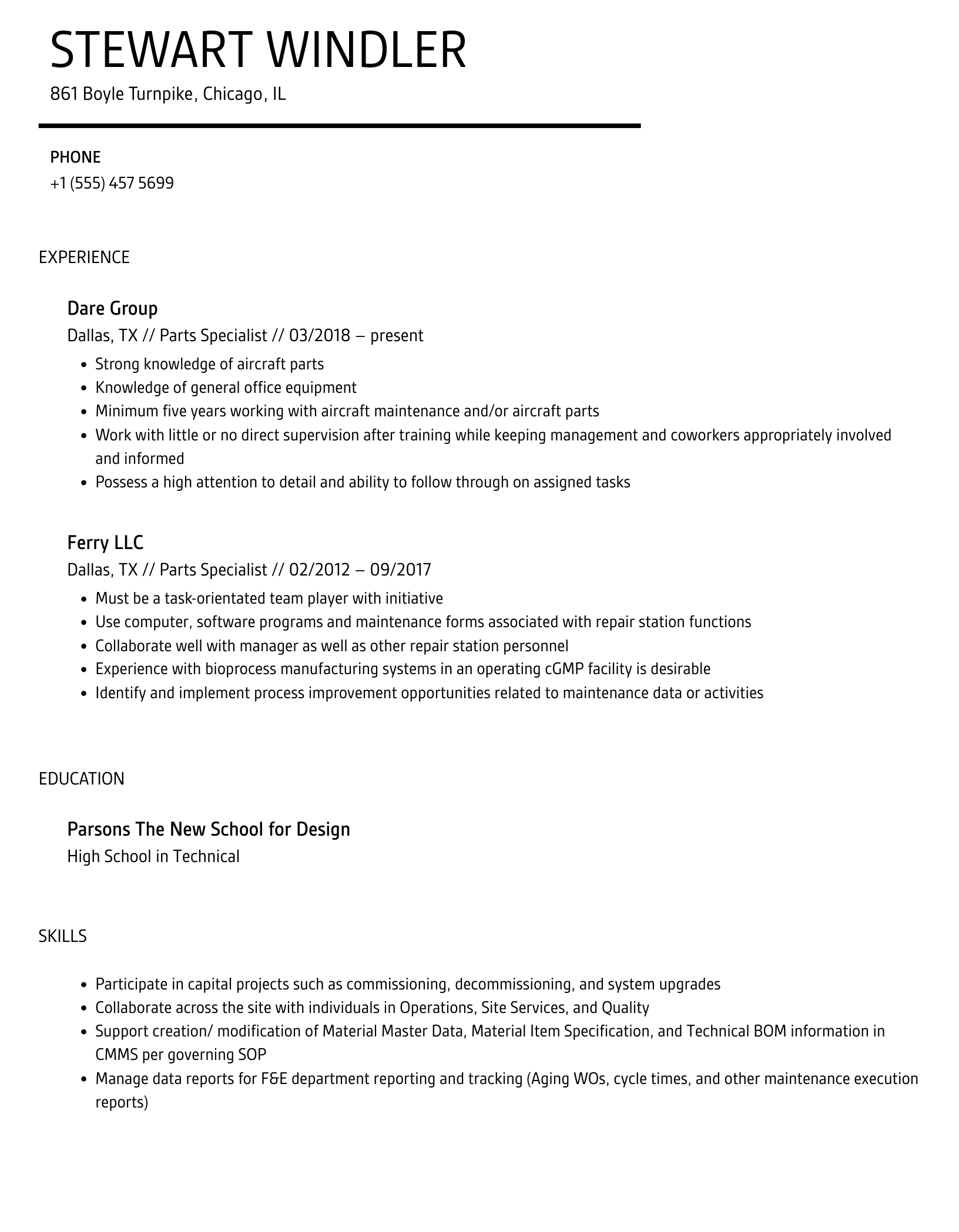 Parts Specialist Resume Samples | Velvet Jobs