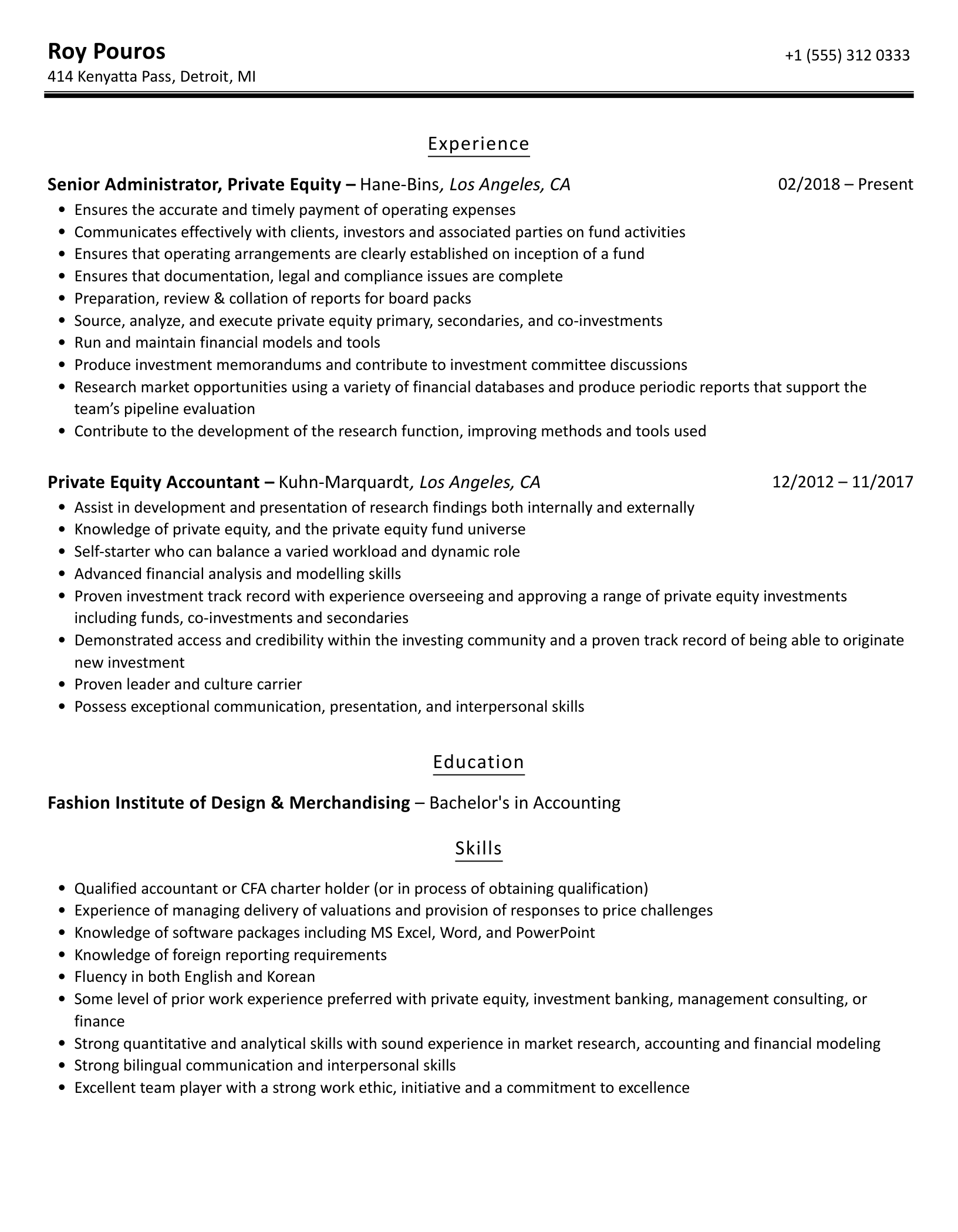 Private Equity Resume Template