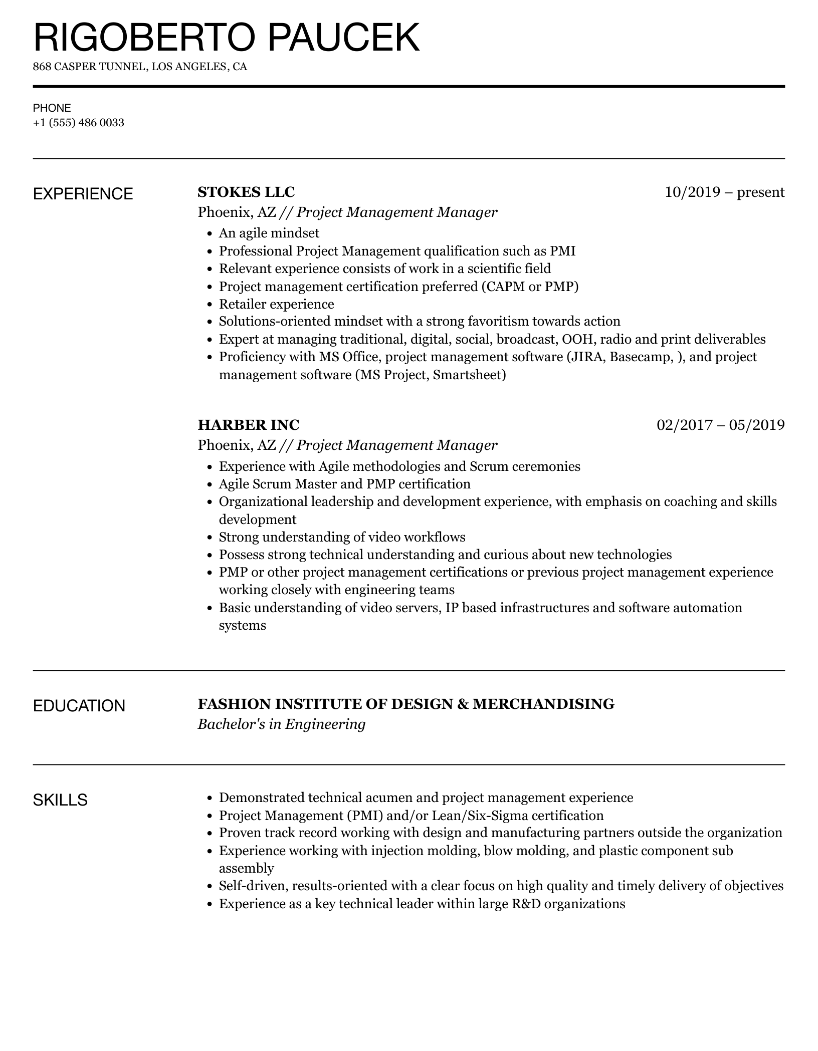 Project Management Manager Resume Samples Velvet Jobs