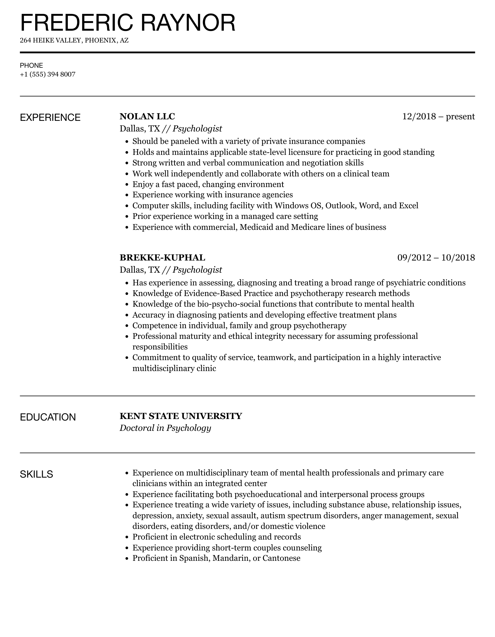 Psychology Resume Sample