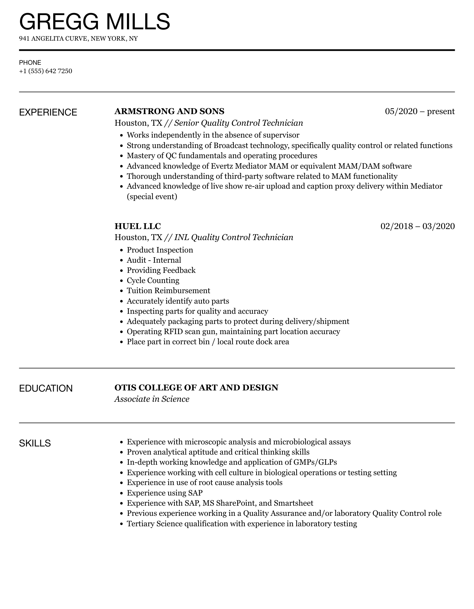 Quality Control Technician Resume Sample