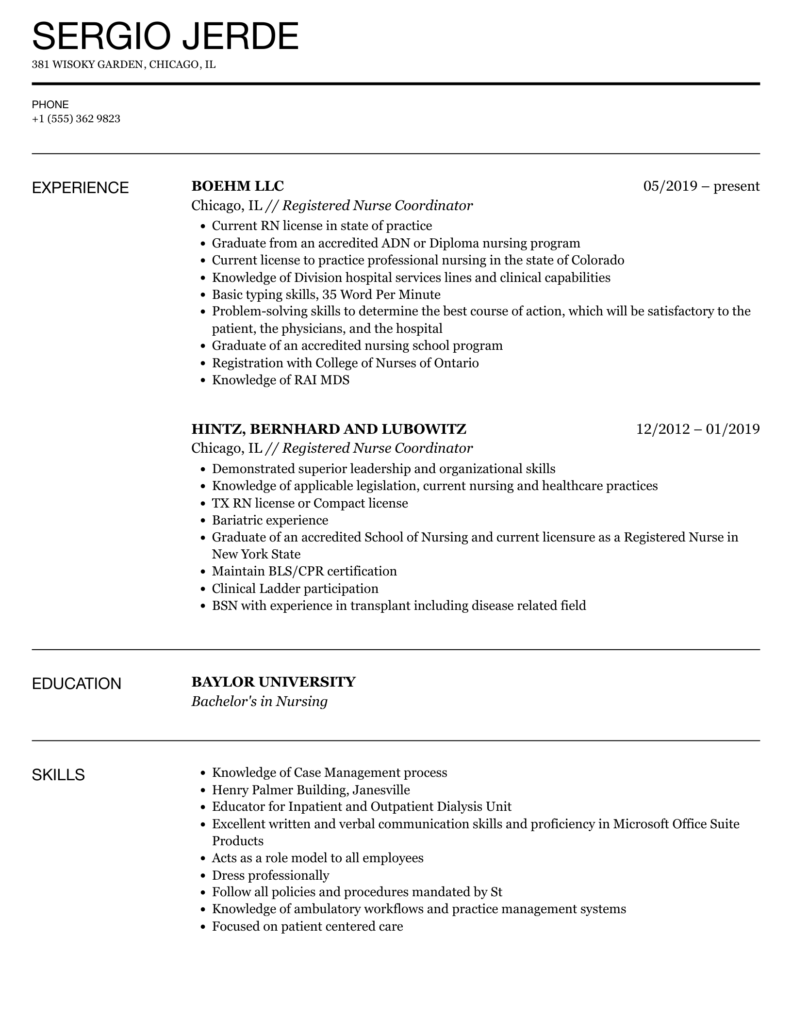 Registered Nurse Coordinator Resume Sample