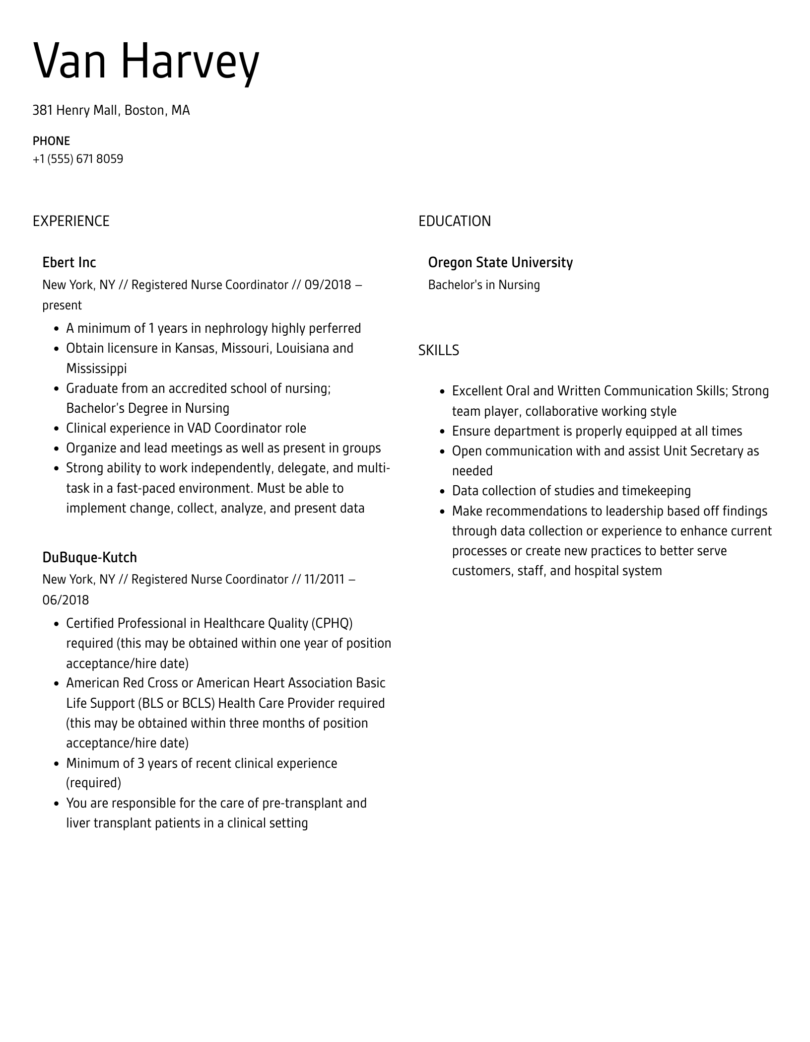Registered Nurse Coordinator Resume Sample