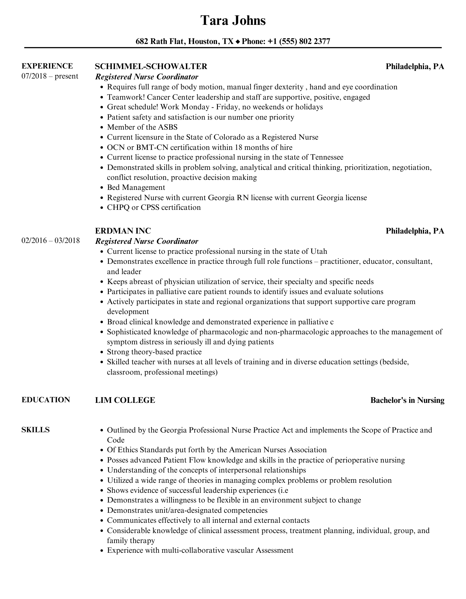 Registered Nurse Coordinator Resume Sample