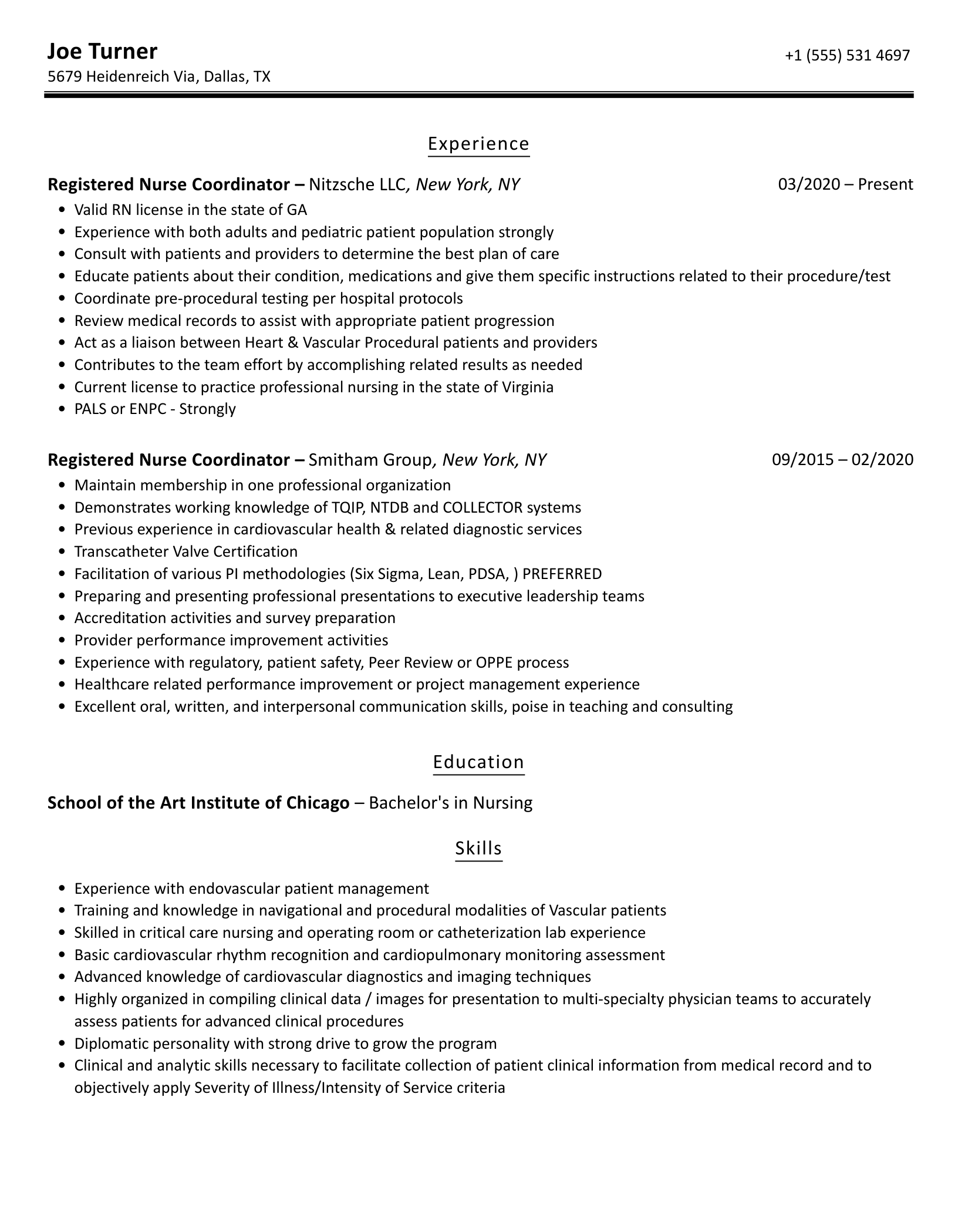 Registered Nurse Coordinator Resume Sample