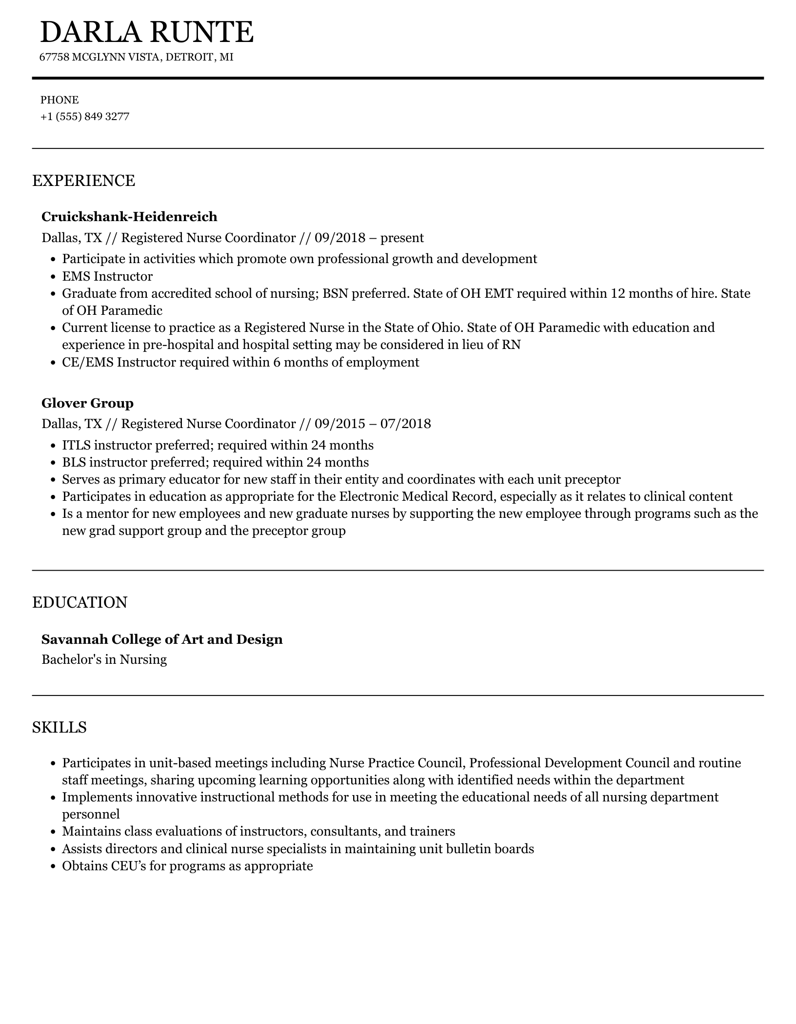 Registered Nurse Coordinator Resume Sample