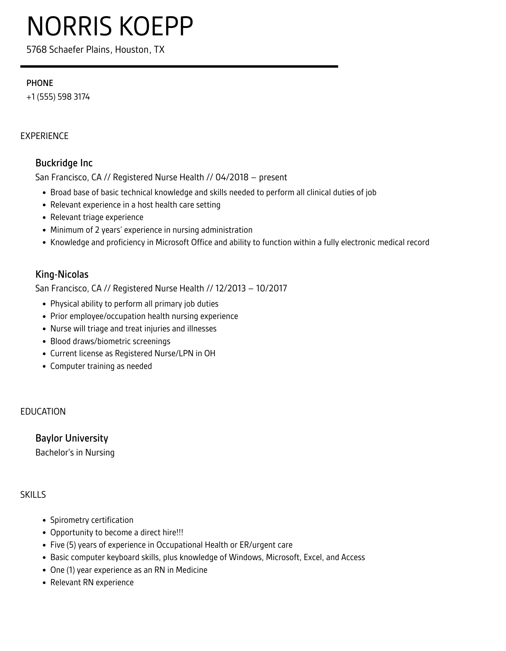Registered Nurse Health Resume Sample