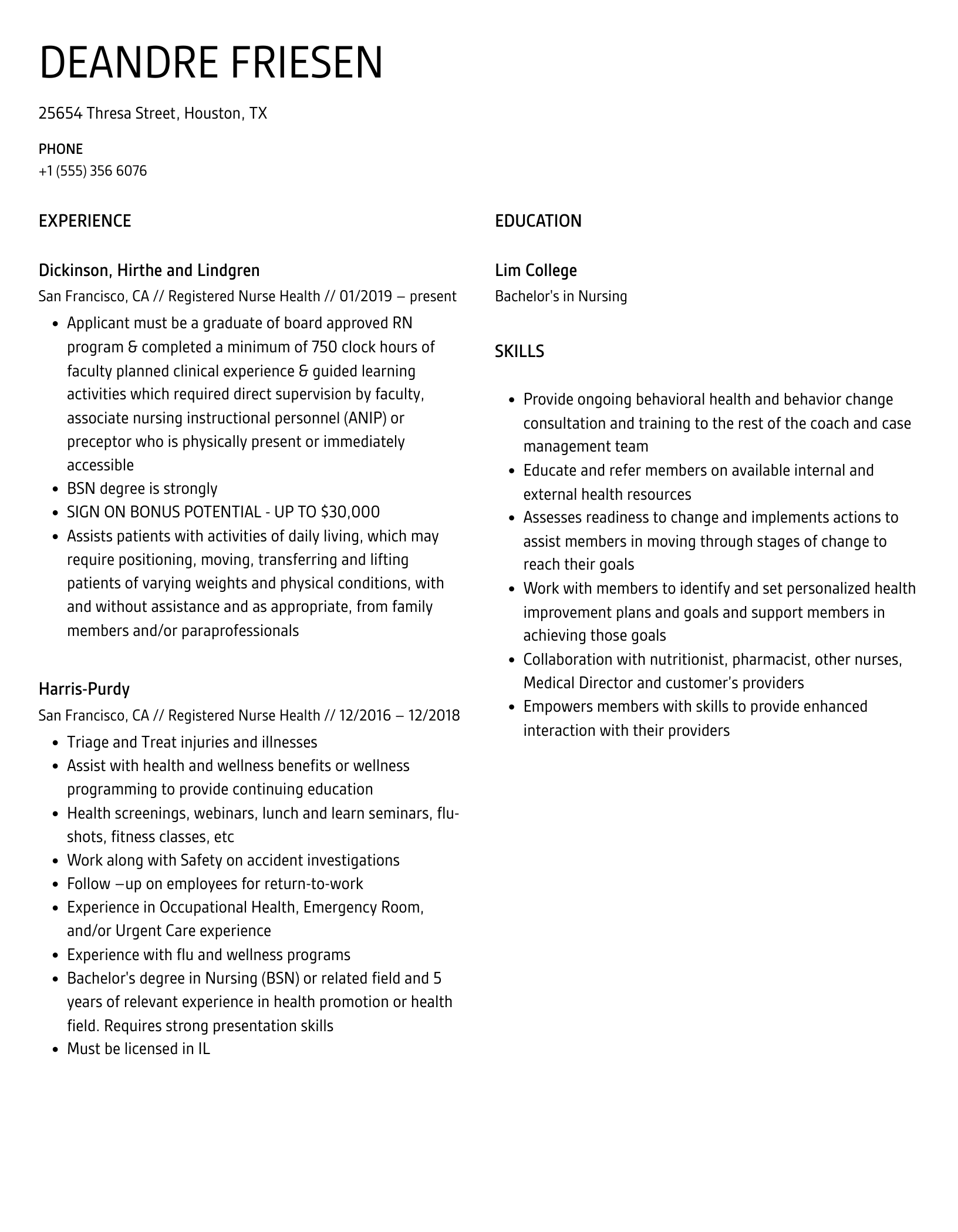 Registered Nurse Health Resume Sample