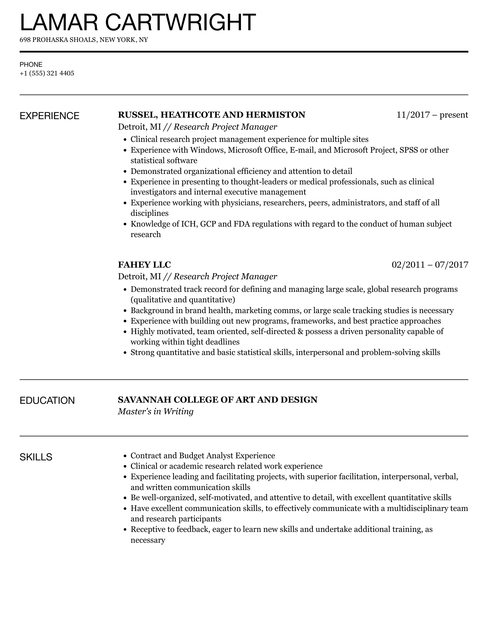 Research Project Manager Resume Samples Velvet Jobs