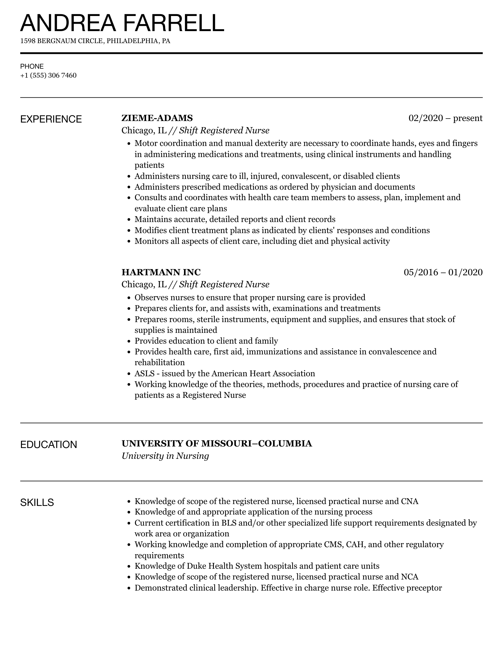 Shift Registered Nurse Resume Sample