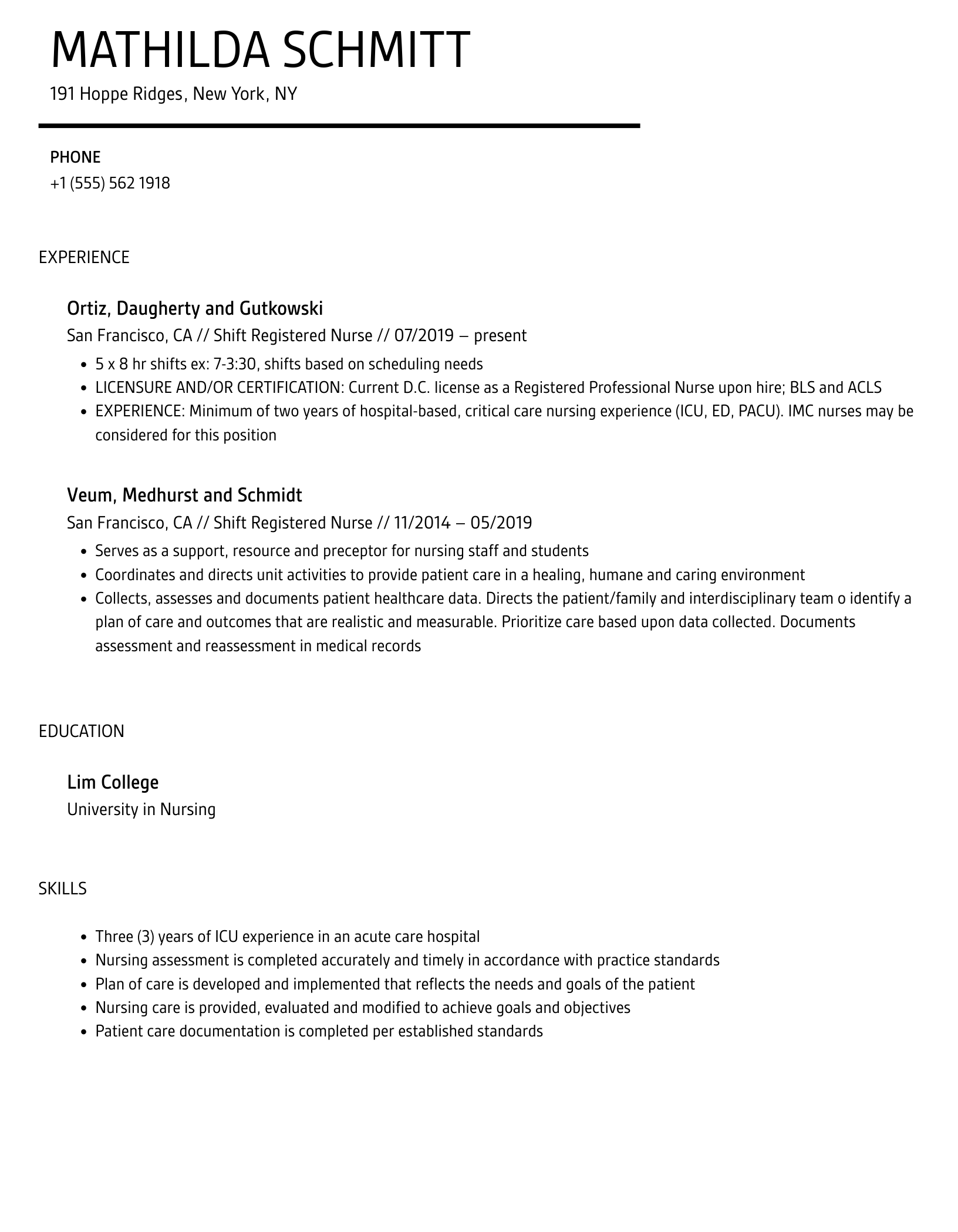 Shift Registered Nurse Resume Sample