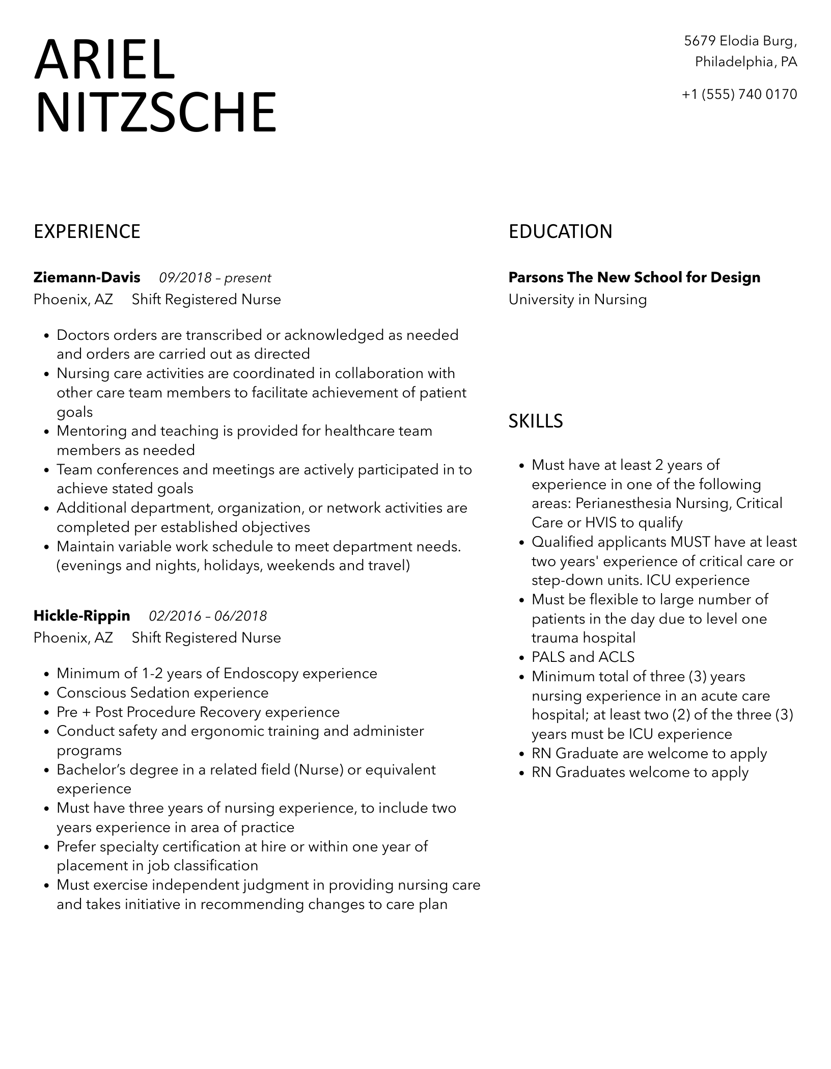 Shift Registered Nurse Resume Sample