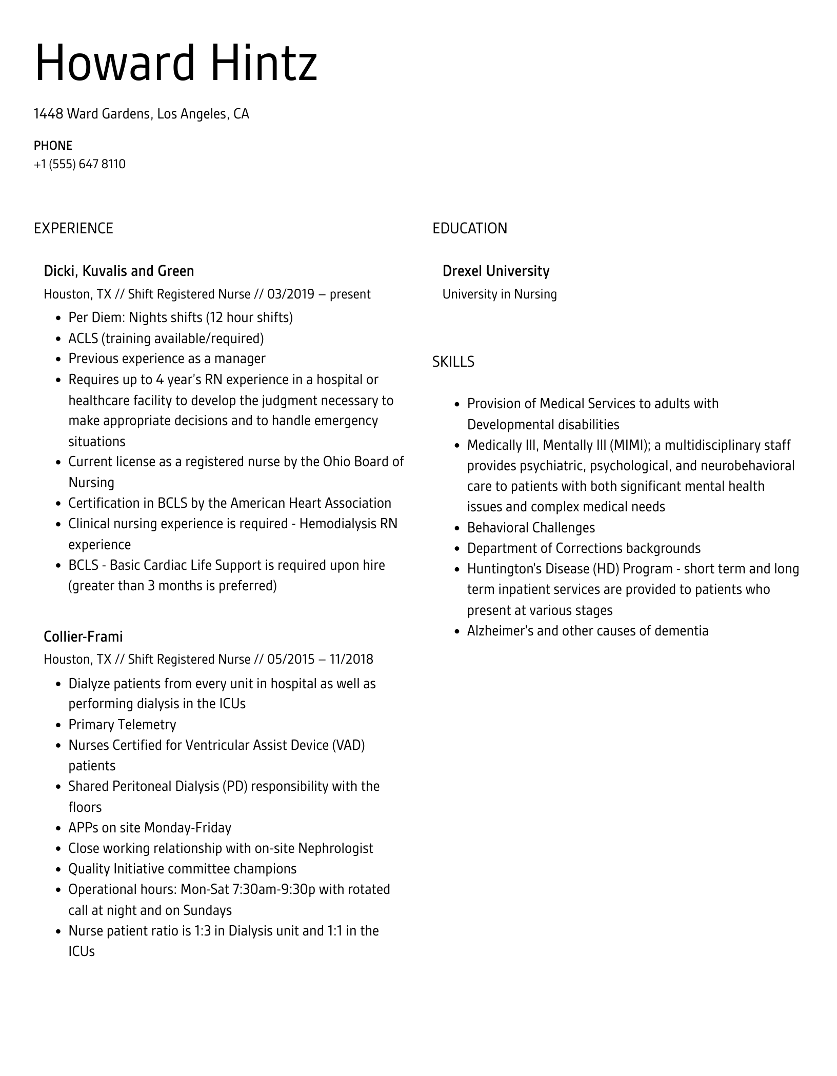 Shift Registered Nurse Resume Sample