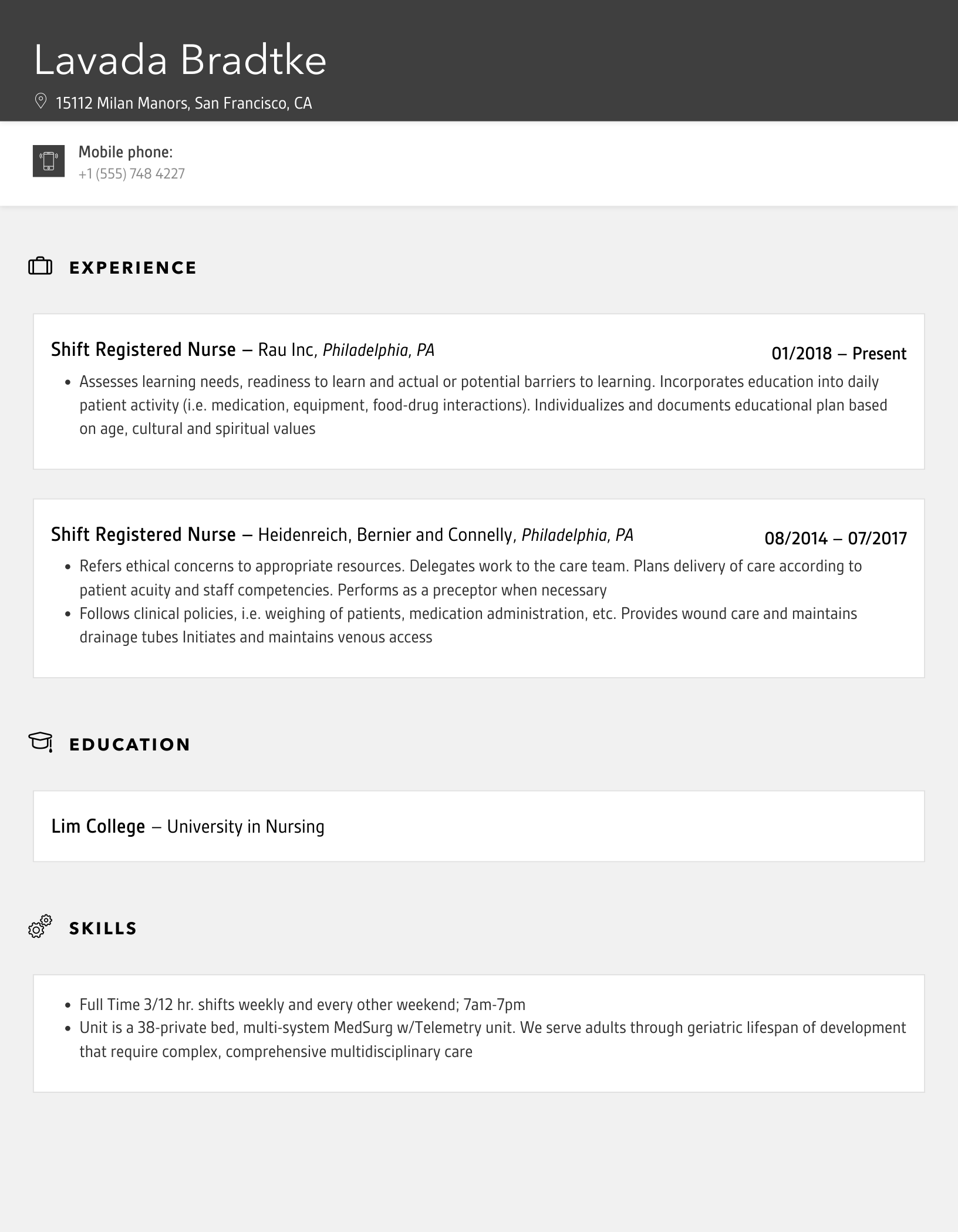 Shift Registered Nurse Resume Sample