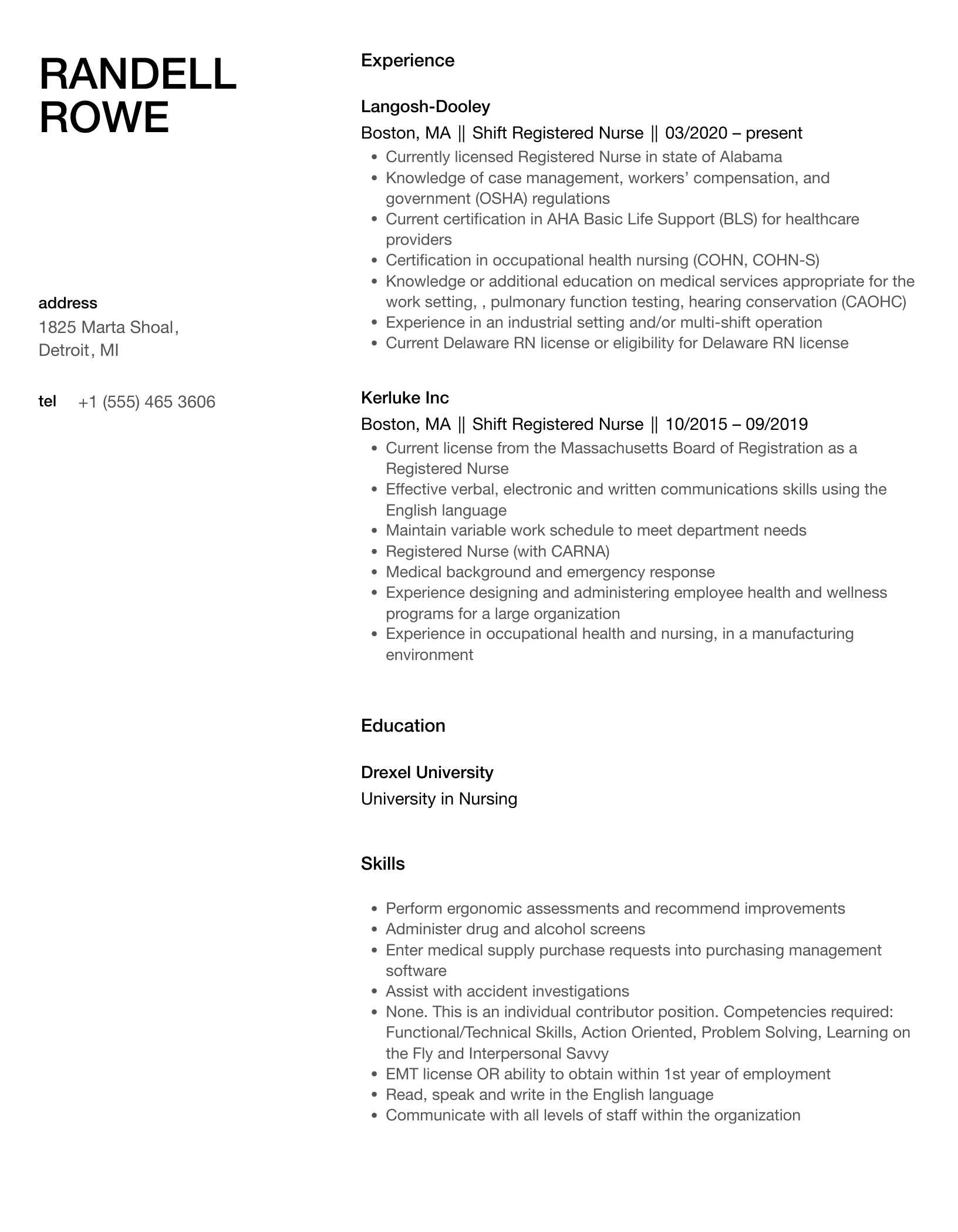 Shift Registered Nurse Resume Sample