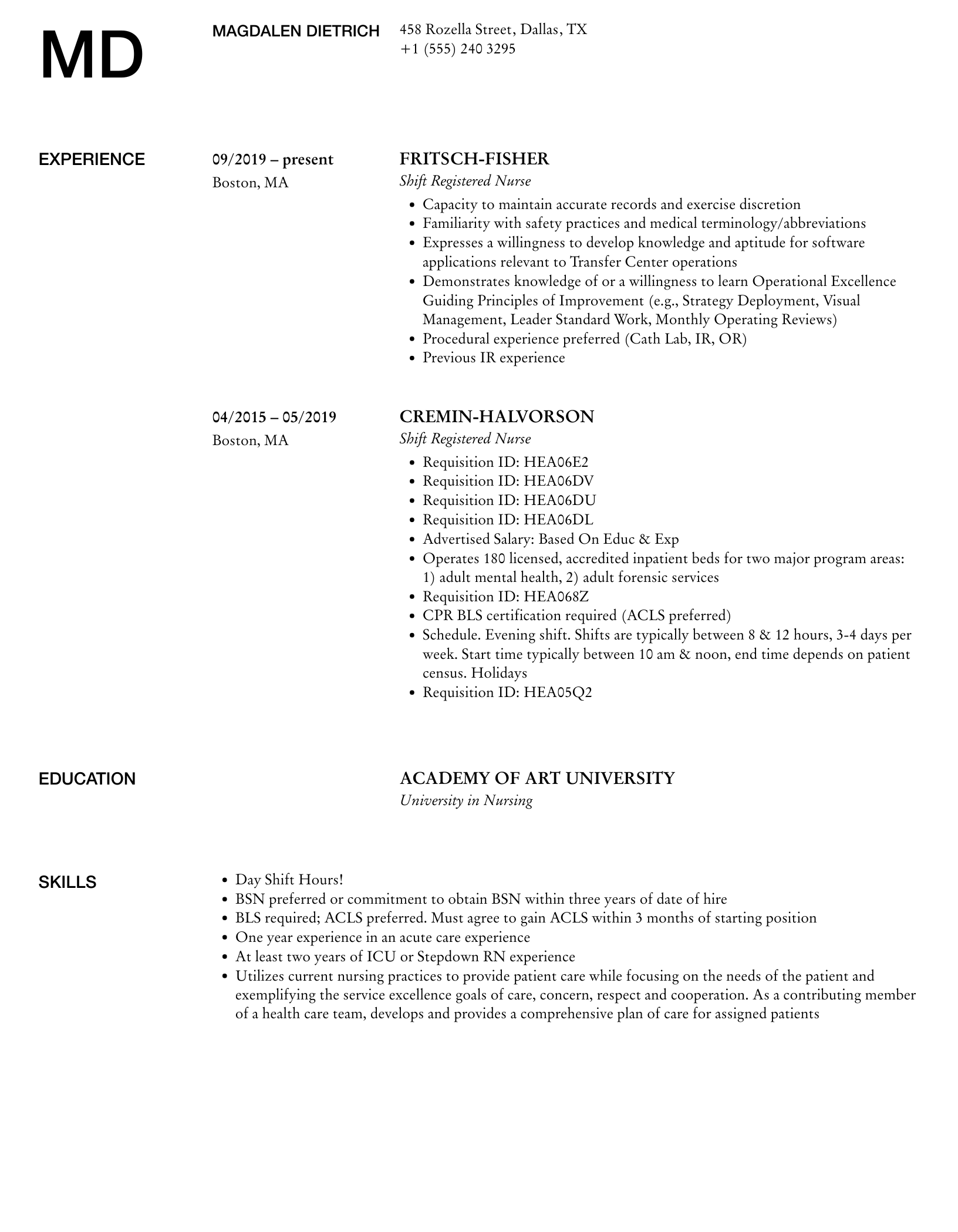 Shift Registered Nurse Resume Sample