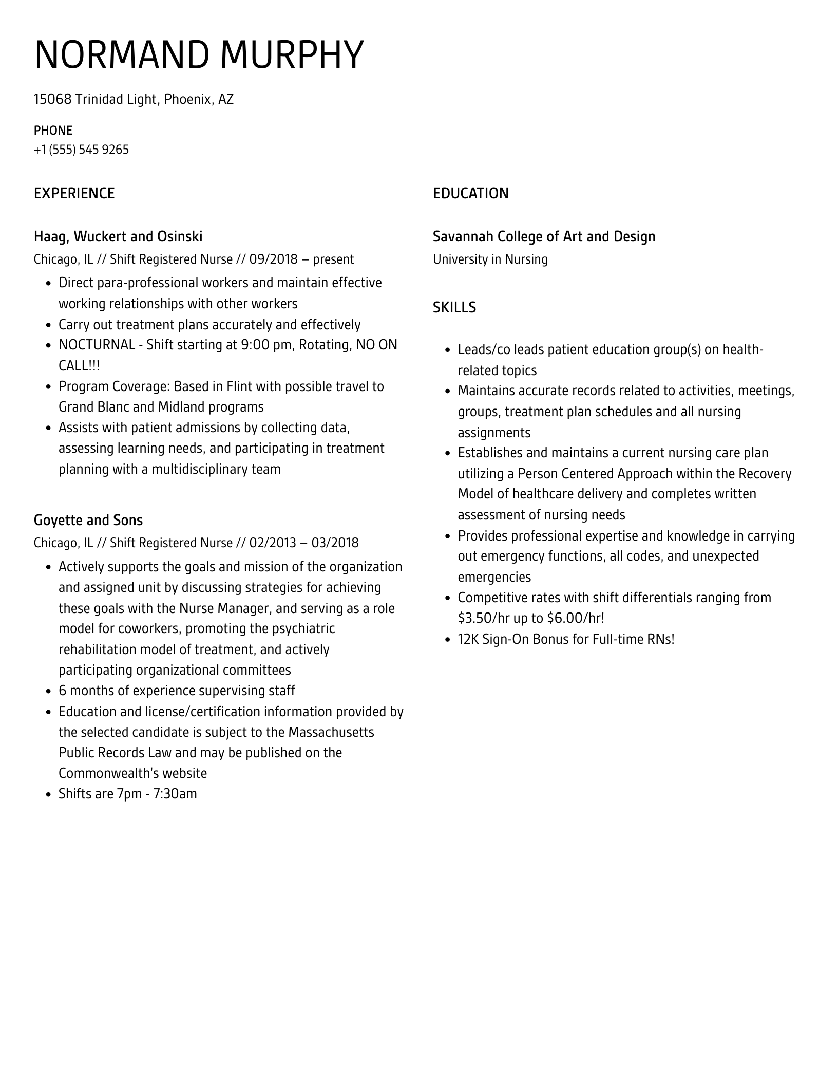 Shift Registered Nurse Resume Sample