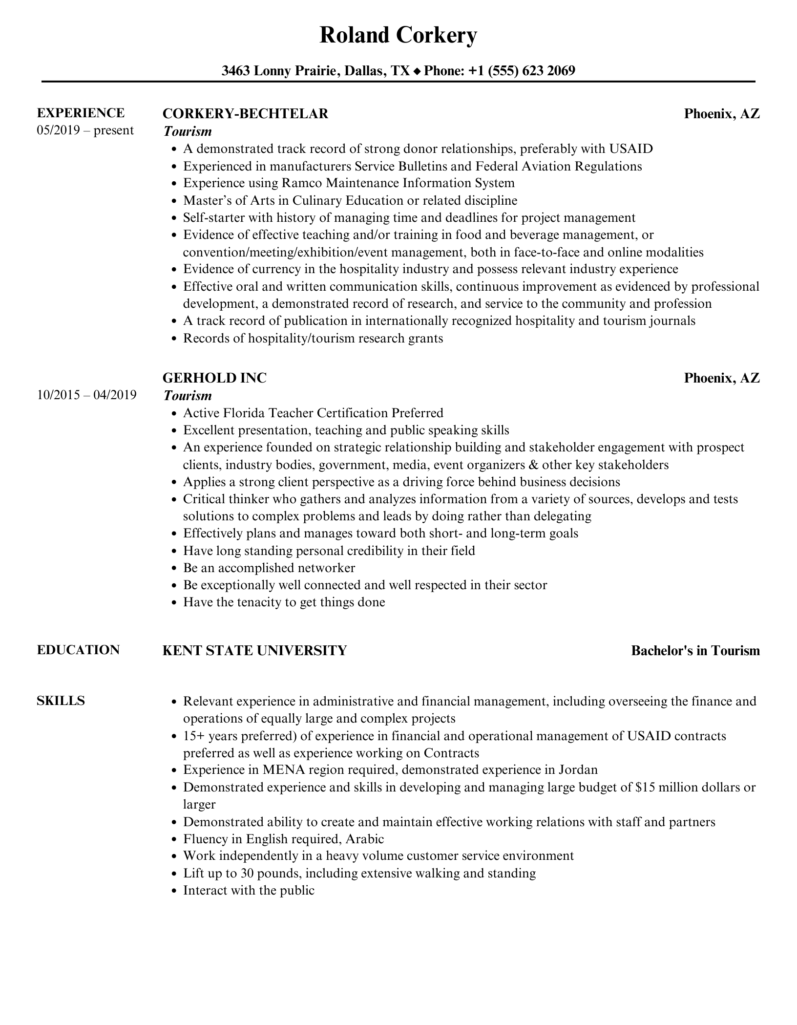 Tourism Resume Sample