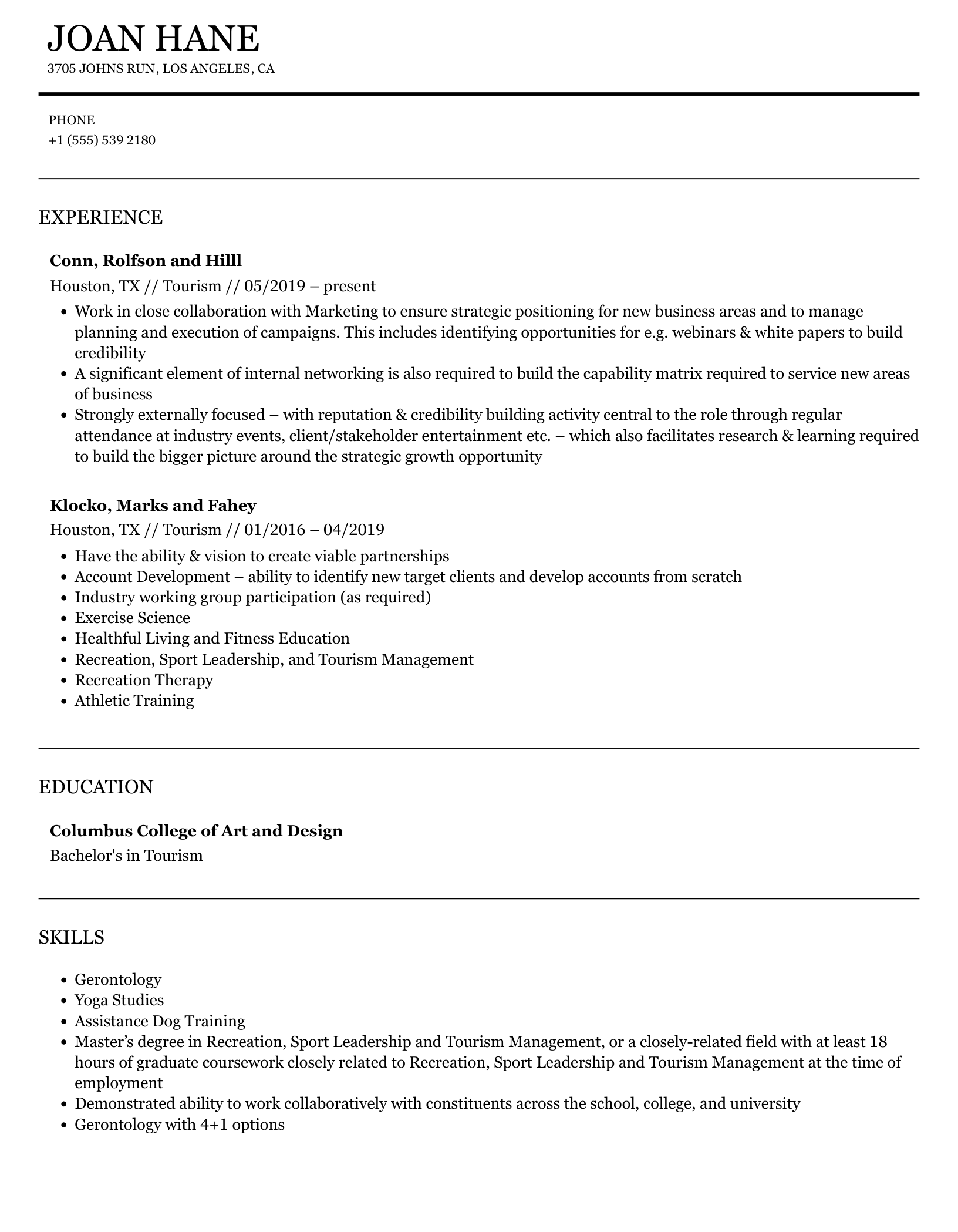 Tourism Student Resume Sample